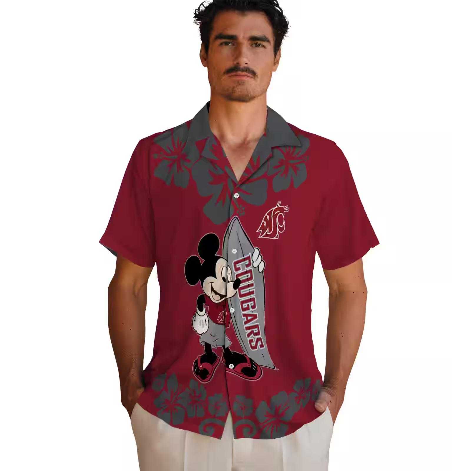 washington state cougars surfing mickey crimson hawaiian shirt fashion forward