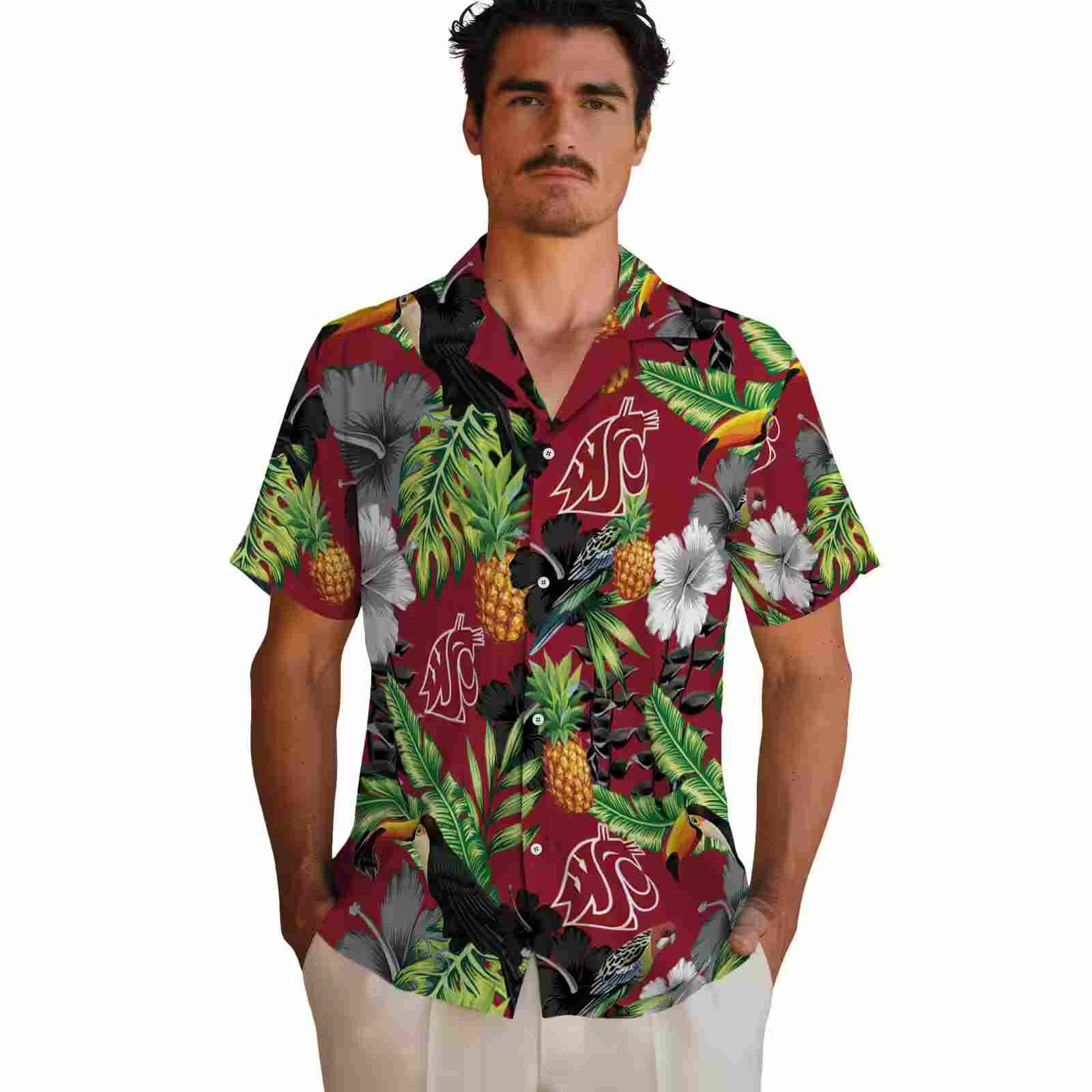 washington state cougars toucan hibiscus pineapple crimson green hawaiian shirt fashion forward