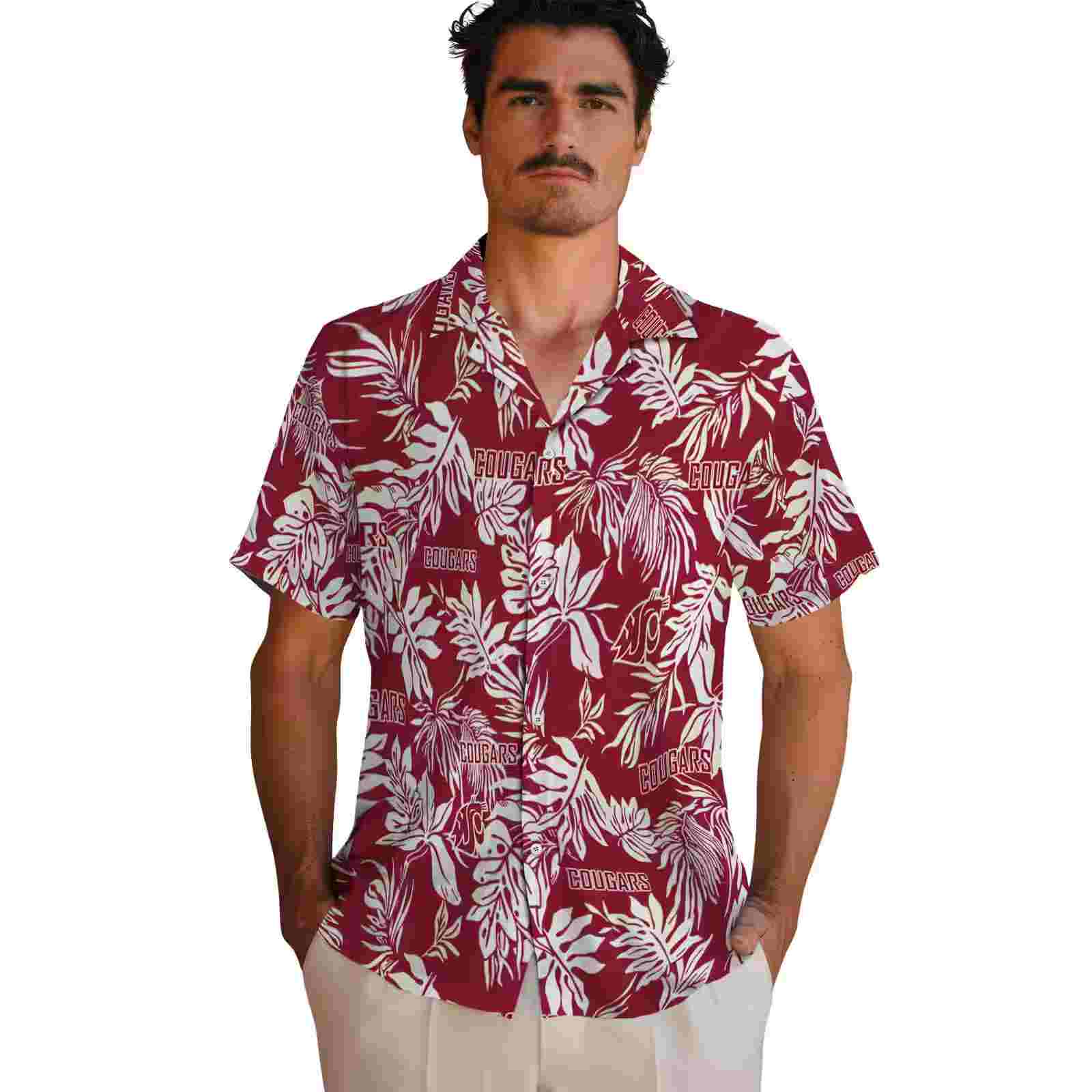 washington state cougars tropical leaf crimson white hawaiian shirt fashion forward