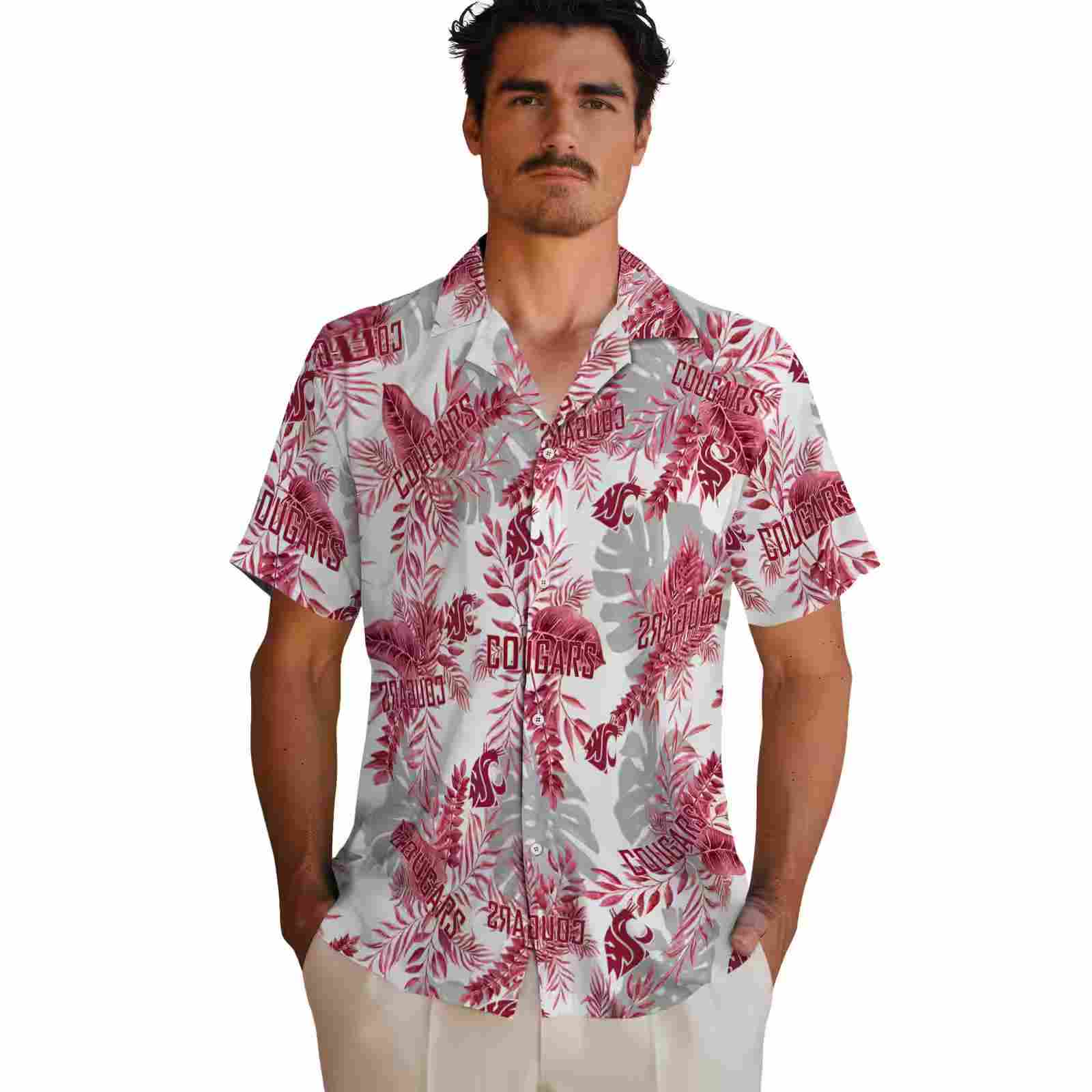 washington state cougars tropical leaves crimson white hawaiian shirt fashion forward