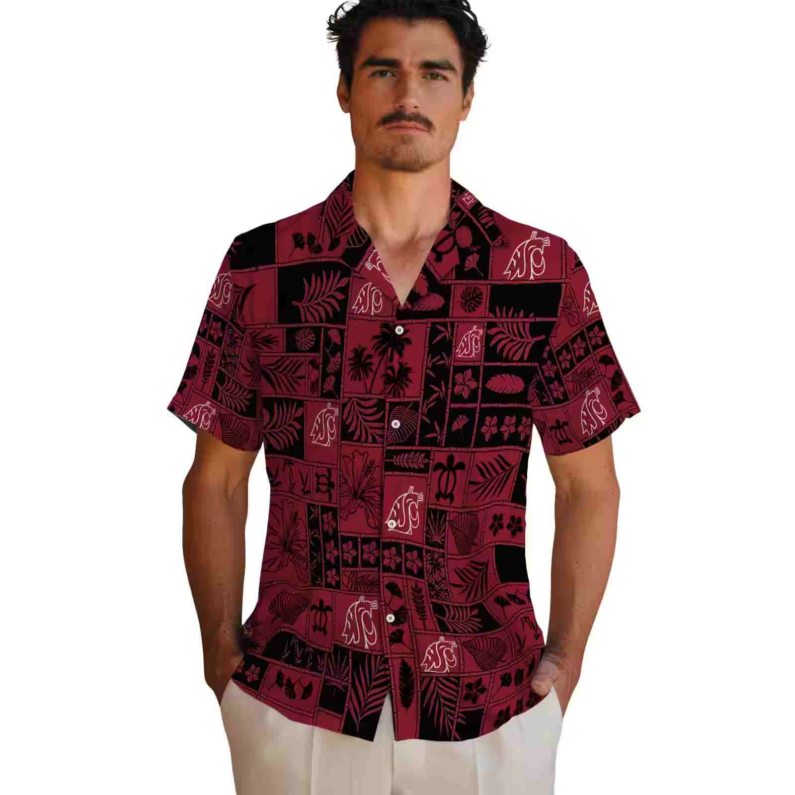 washington state cougars tropical patchwork crimson black hawaiian shirt fashion forward