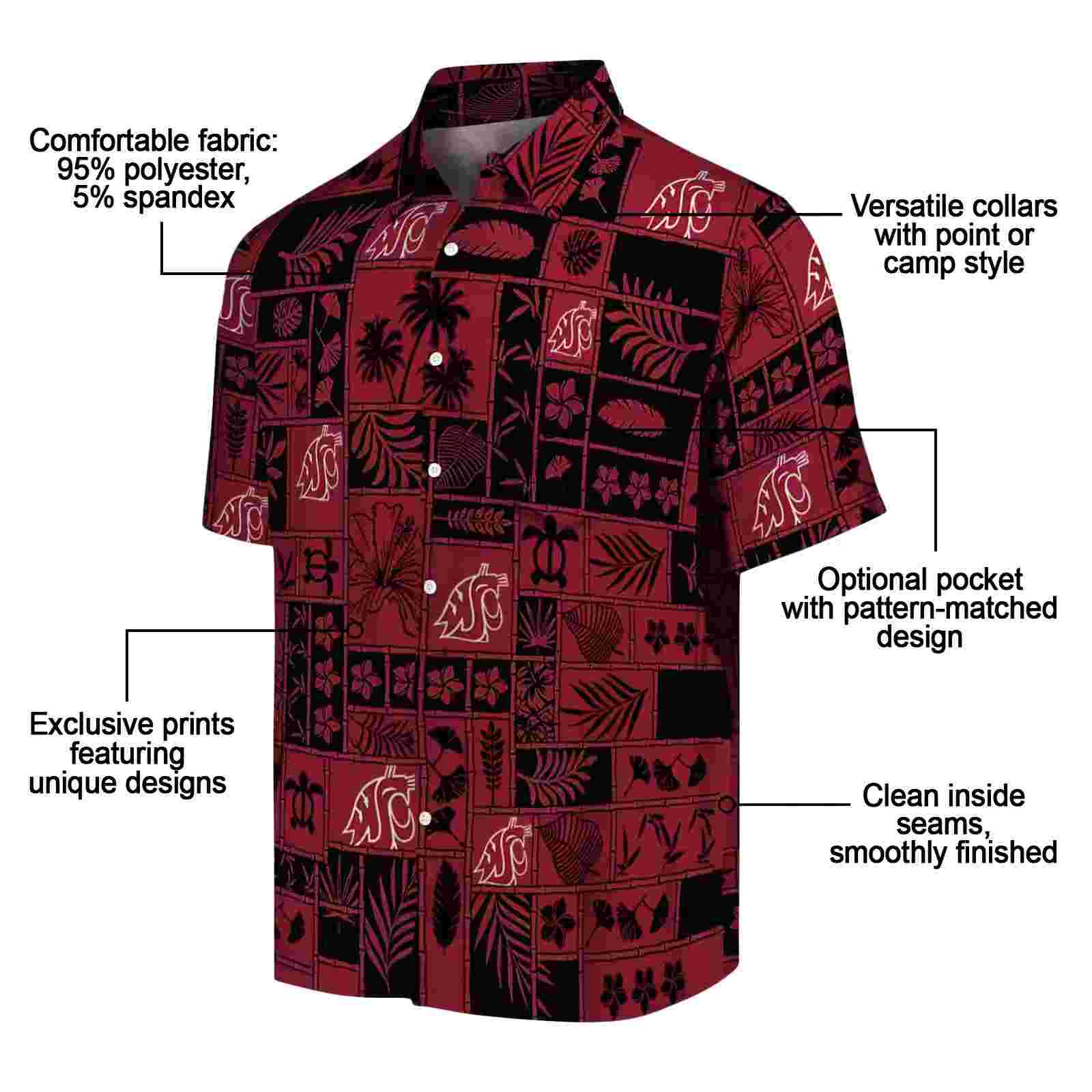 washington state cougars tropical patchwork crimson black hawaiian shirt new arrival