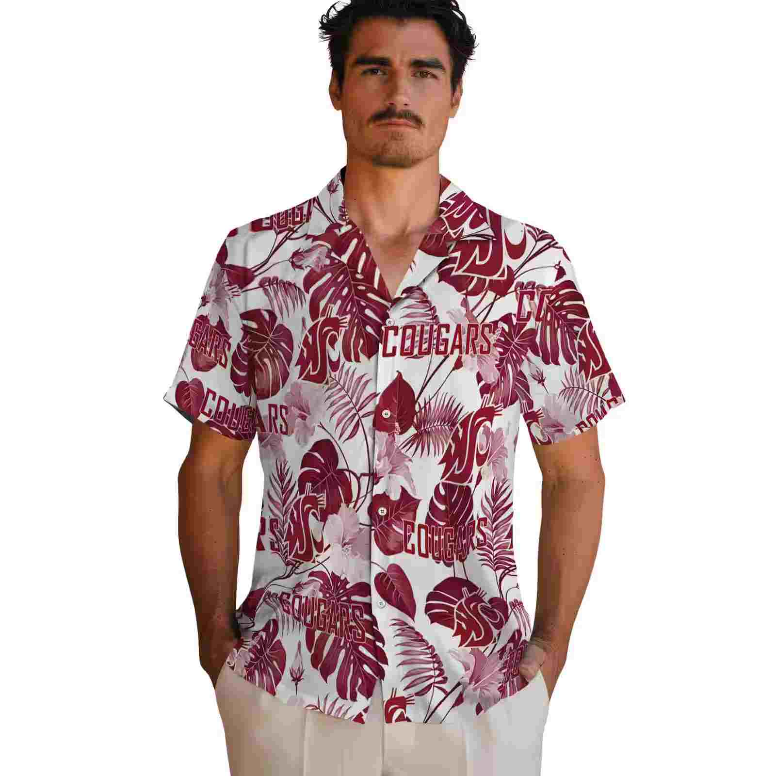 washington state cougars tropical plants crimson white hawaiian shirt fashion forward