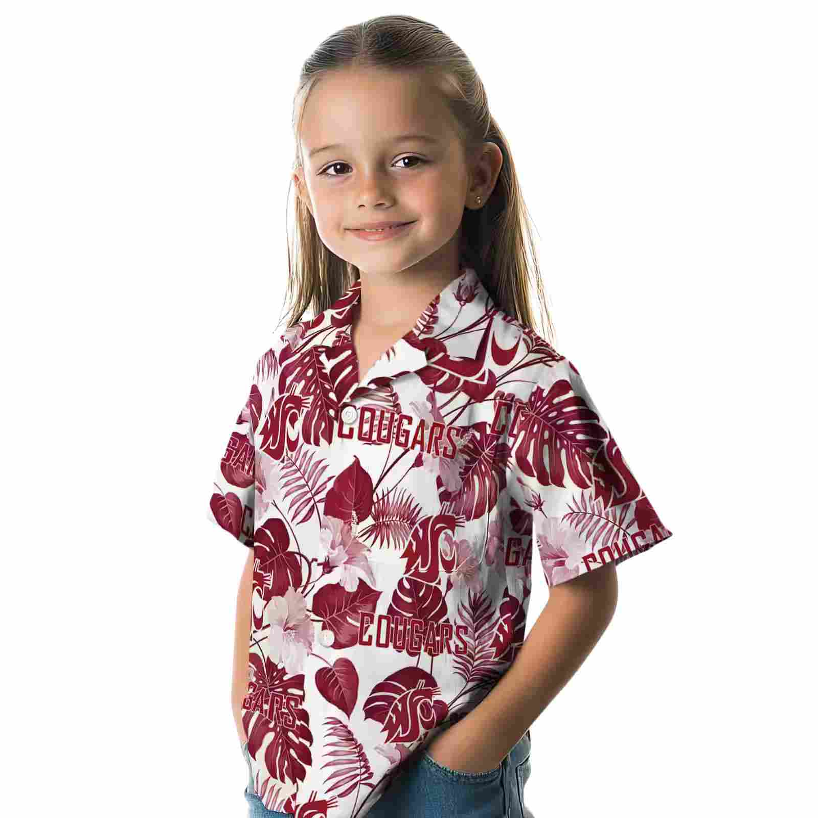 washington state cougars tropical plants crimson white hawaiian shirt premium grade