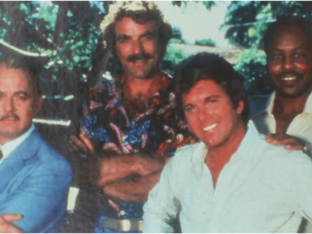 Tom Selleck wearing an Aloha shirt (2nd from left)