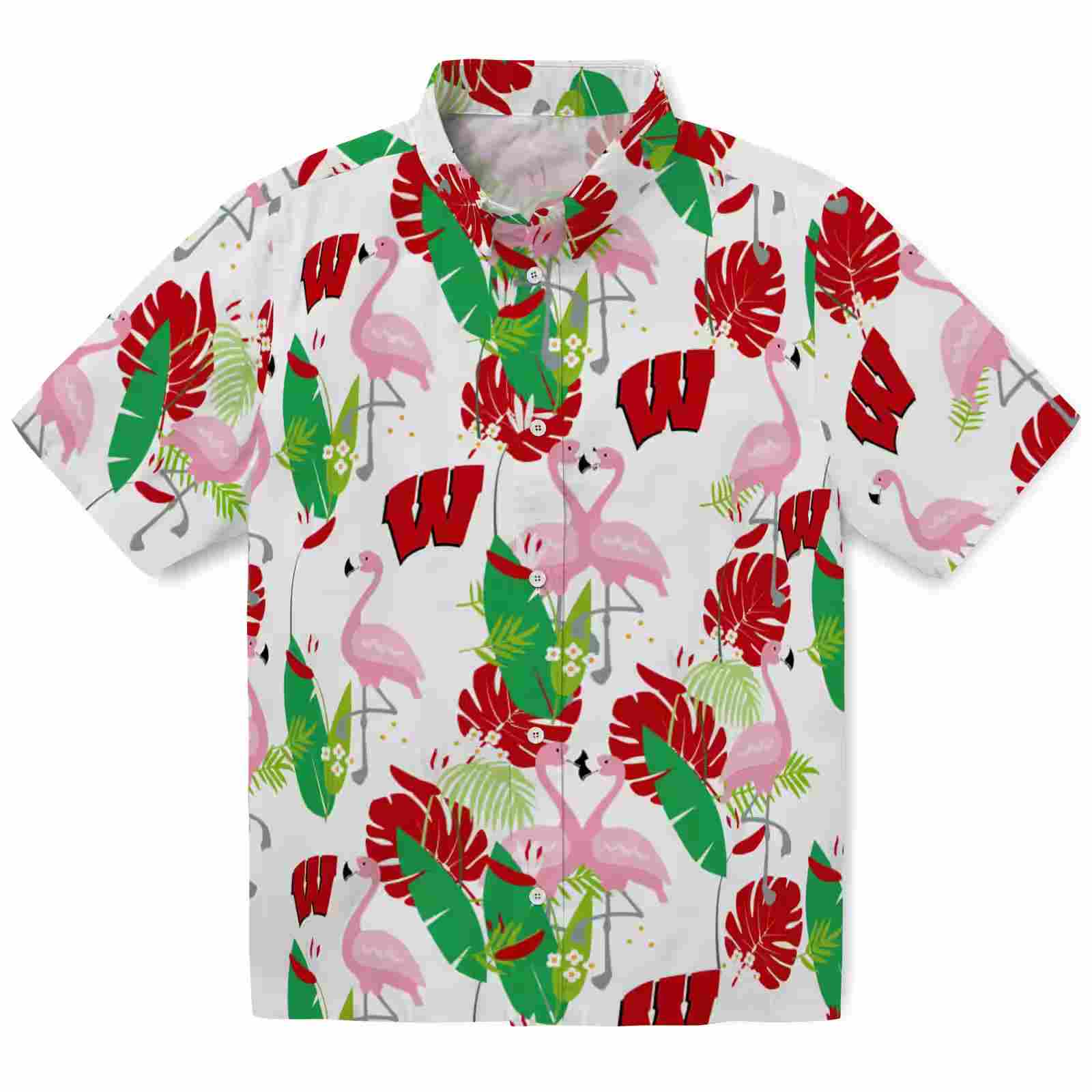 Wisconsin Badgers Flamingo Foliage Red Green Hawaiian Shirt