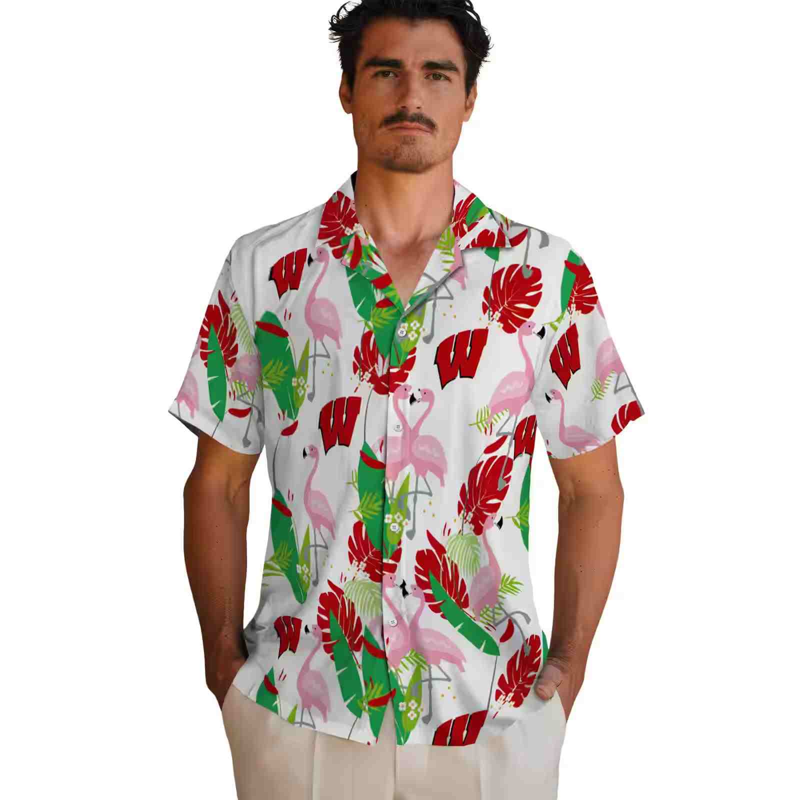 wisconsin badgers flamingo foliage red green hawaiian shirt fashion forward