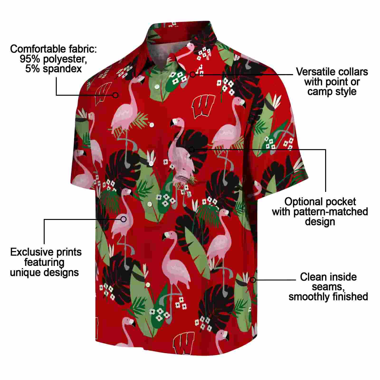 wisconsin badgers flamingo leaf motif red hawaiian shirt new arrival