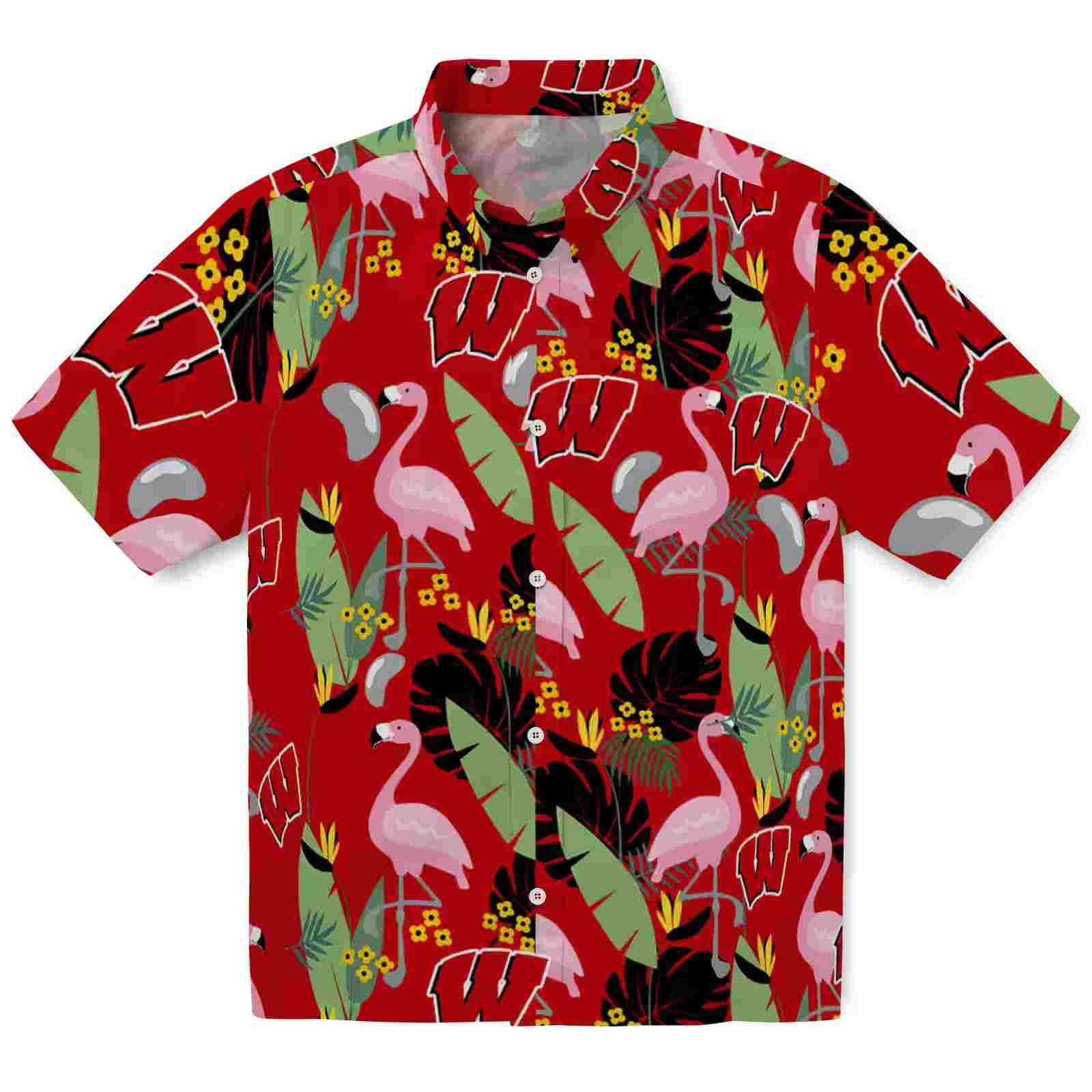 Wisconsin Badgers Flamingo Leaves Red Hawaiian Shirt