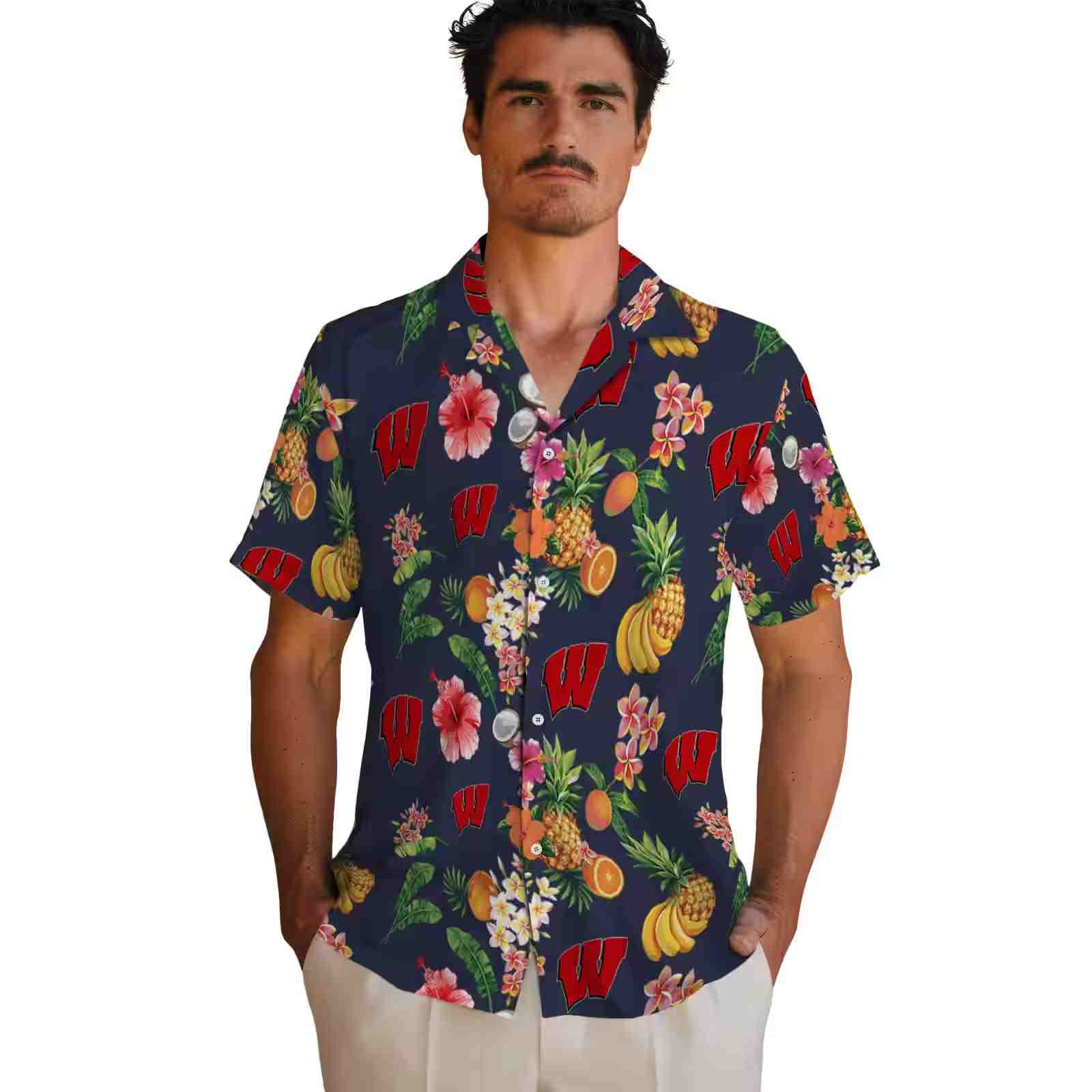 wisconsin badgers hibiscus and fruit navy blue hawaiian shirt fashion forward