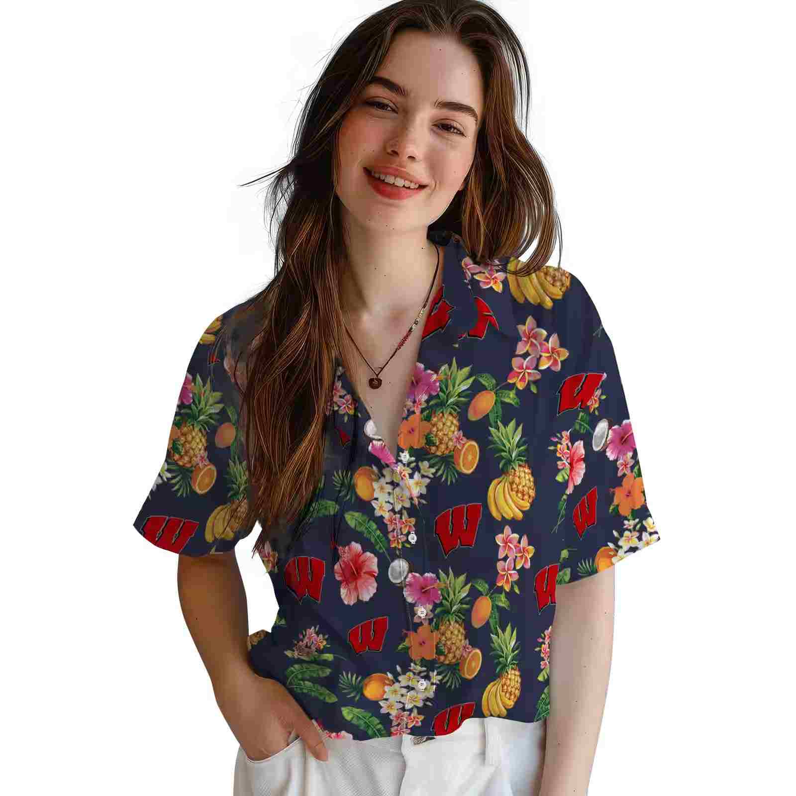 wisconsin badgers hibiscus and fruit navy blue hawaiian shirt latest model