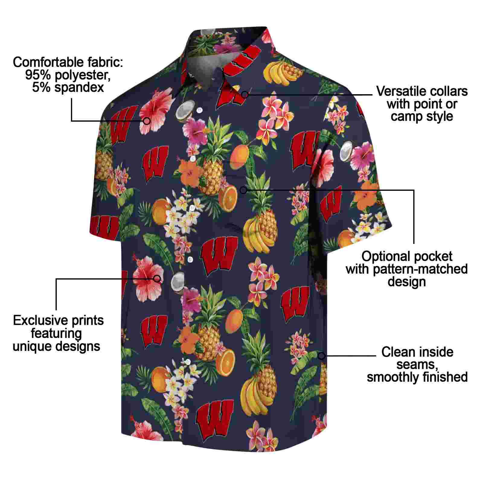 wisconsin badgers hibiscus and fruit navy blue hawaiian shirt new arrival