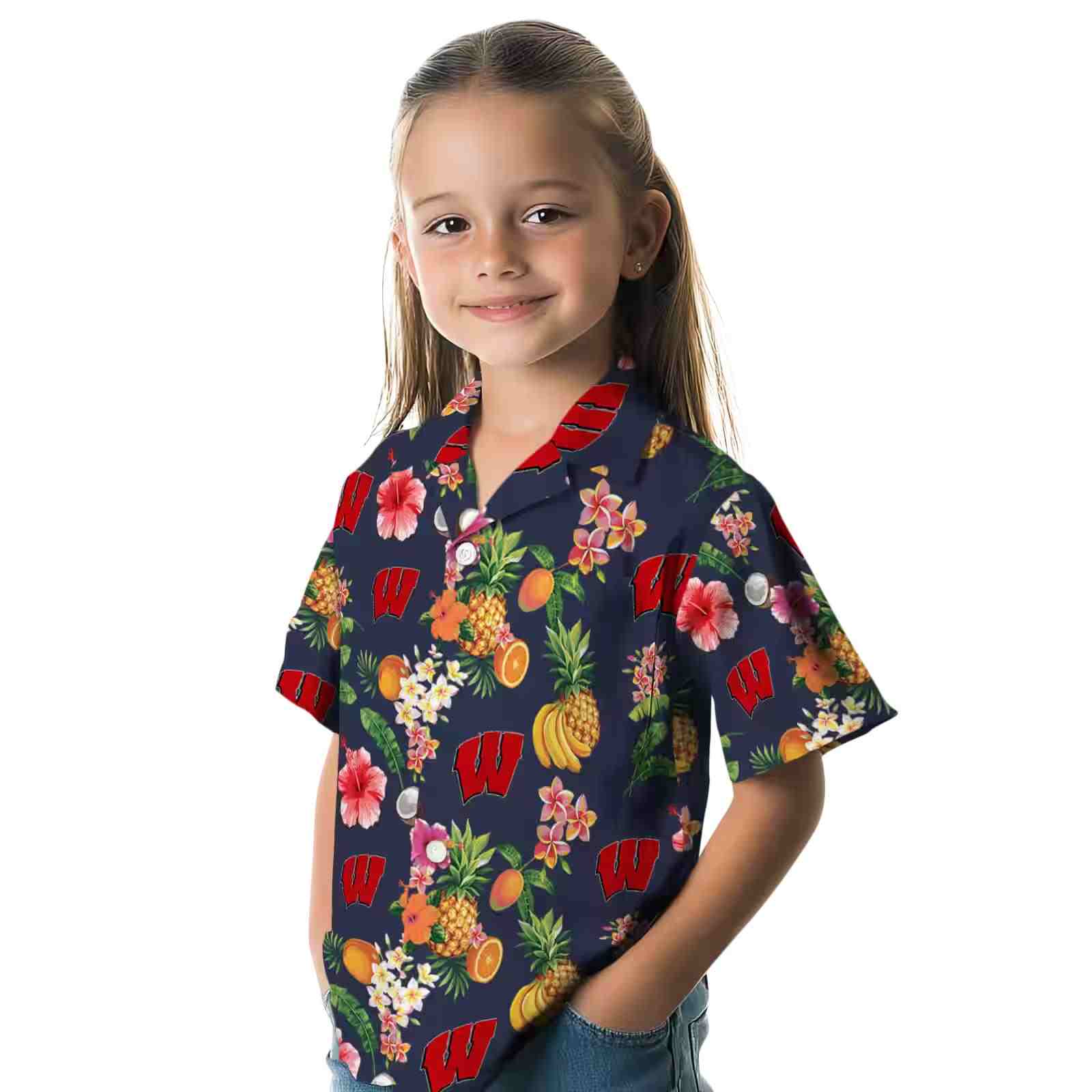 wisconsin badgers hibiscus and fruit navy blue hawaiian shirt premium grade