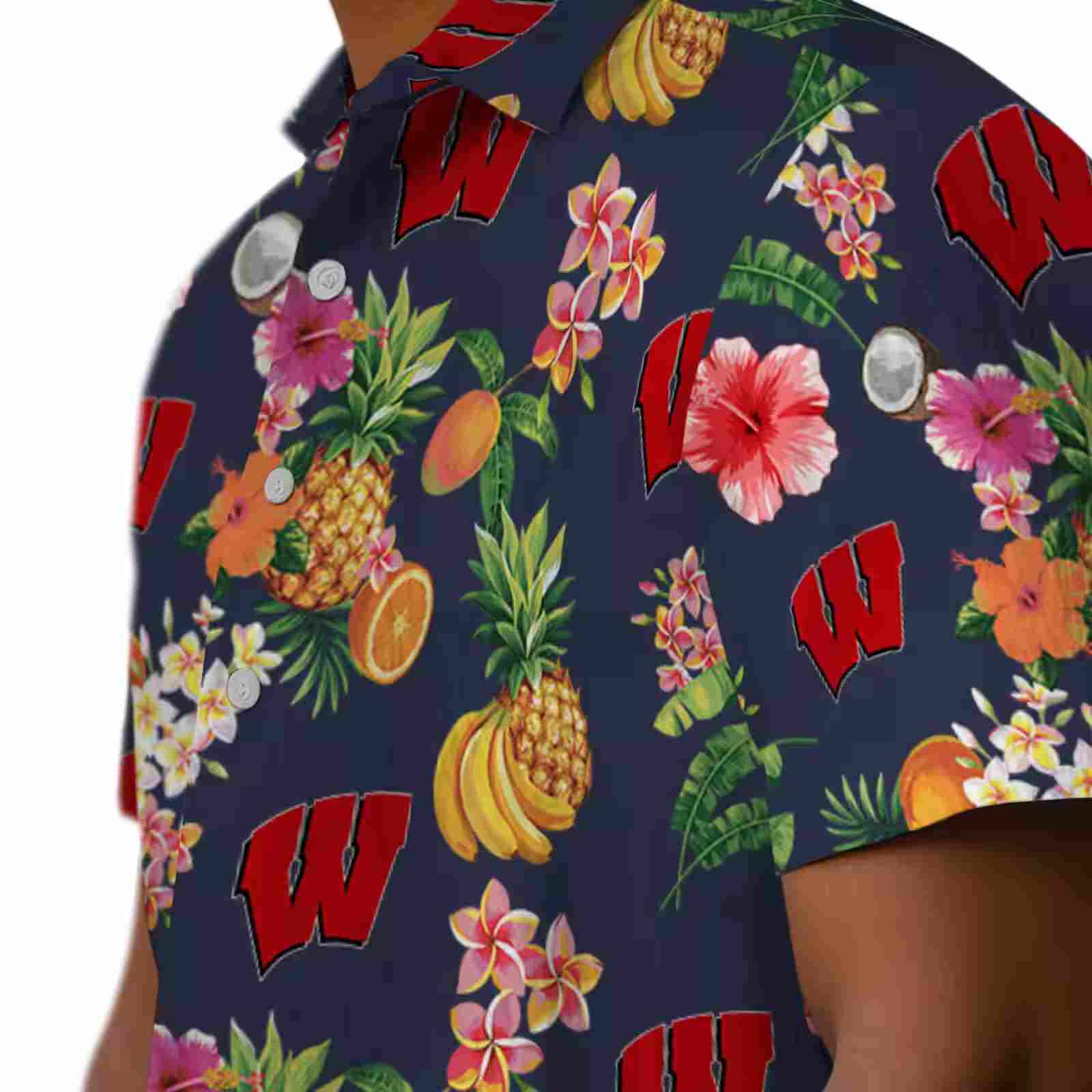 wisconsin badgers hibiscus and fruit navy blue hawaiian shirt trendy