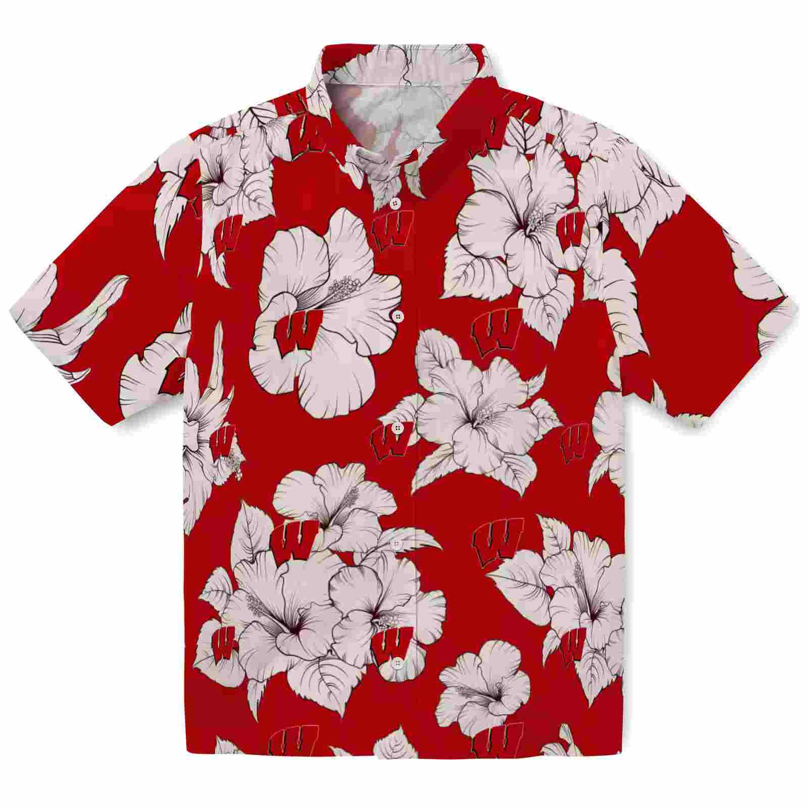 Wisconsin Badgers Hibiscus Blooms Red White Hawaiian Shirt