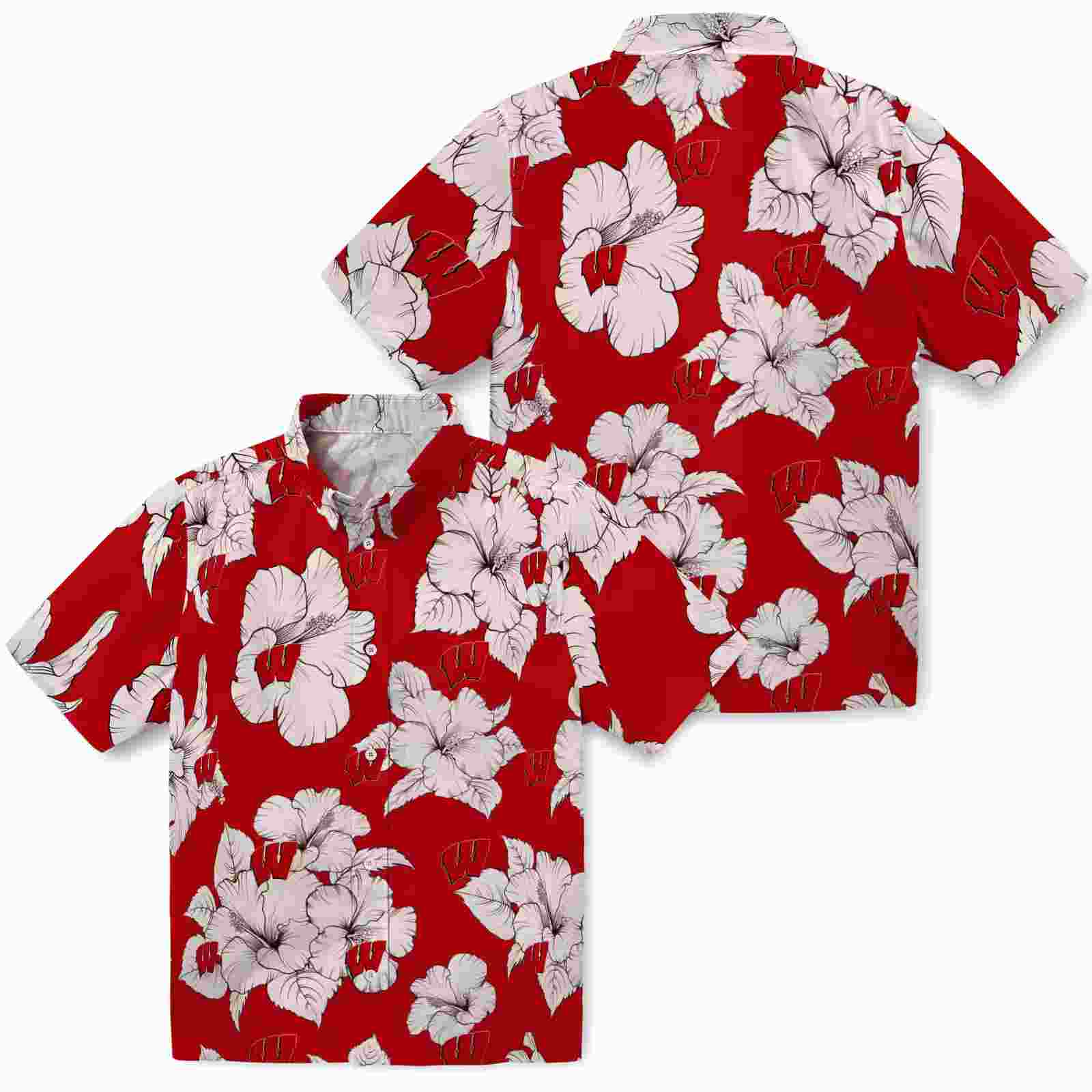 wisconsin badgers hibiscus blooms red white hawaiian shirt high quality