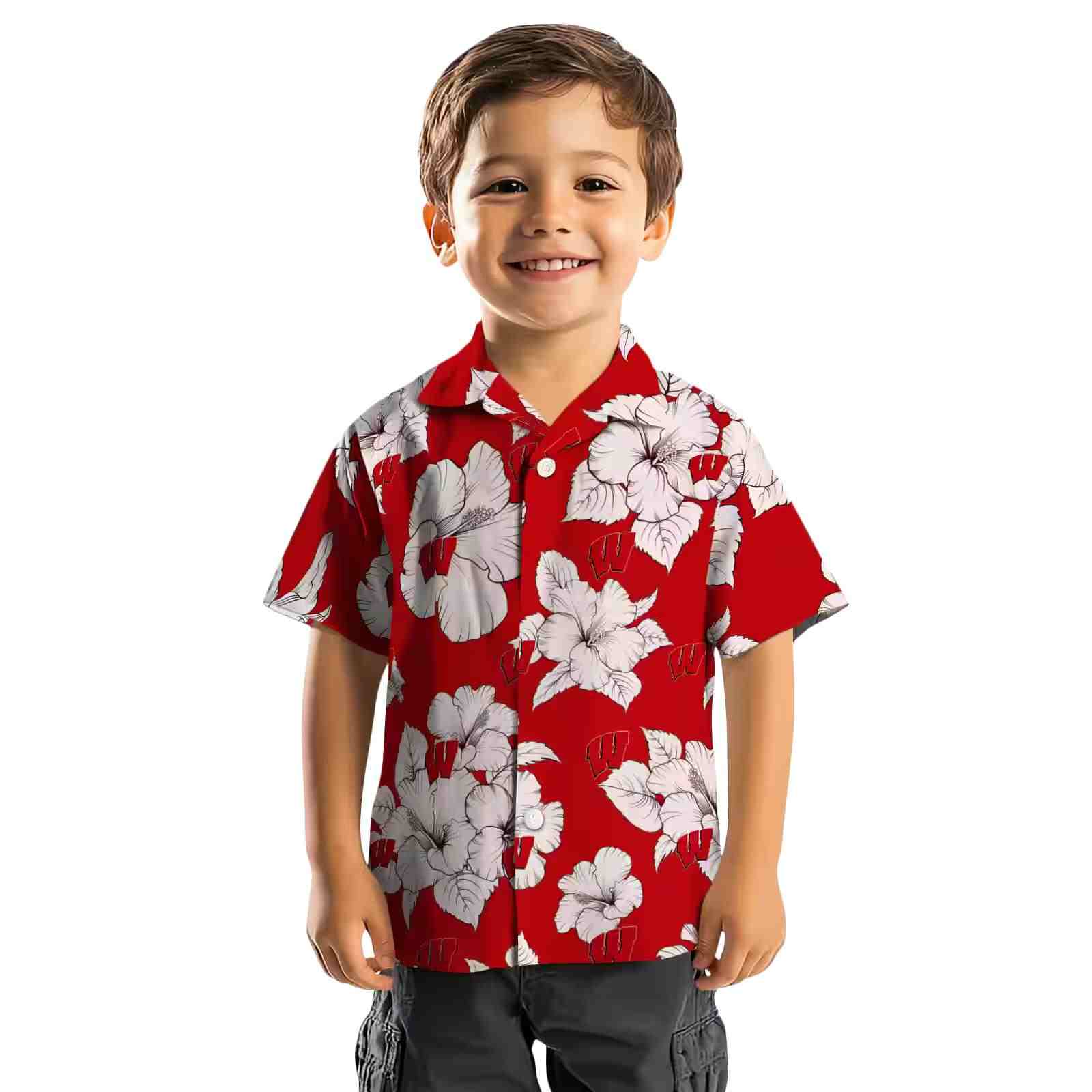 wisconsin badgers hibiscus blooms red white hawaiian shirt top rated