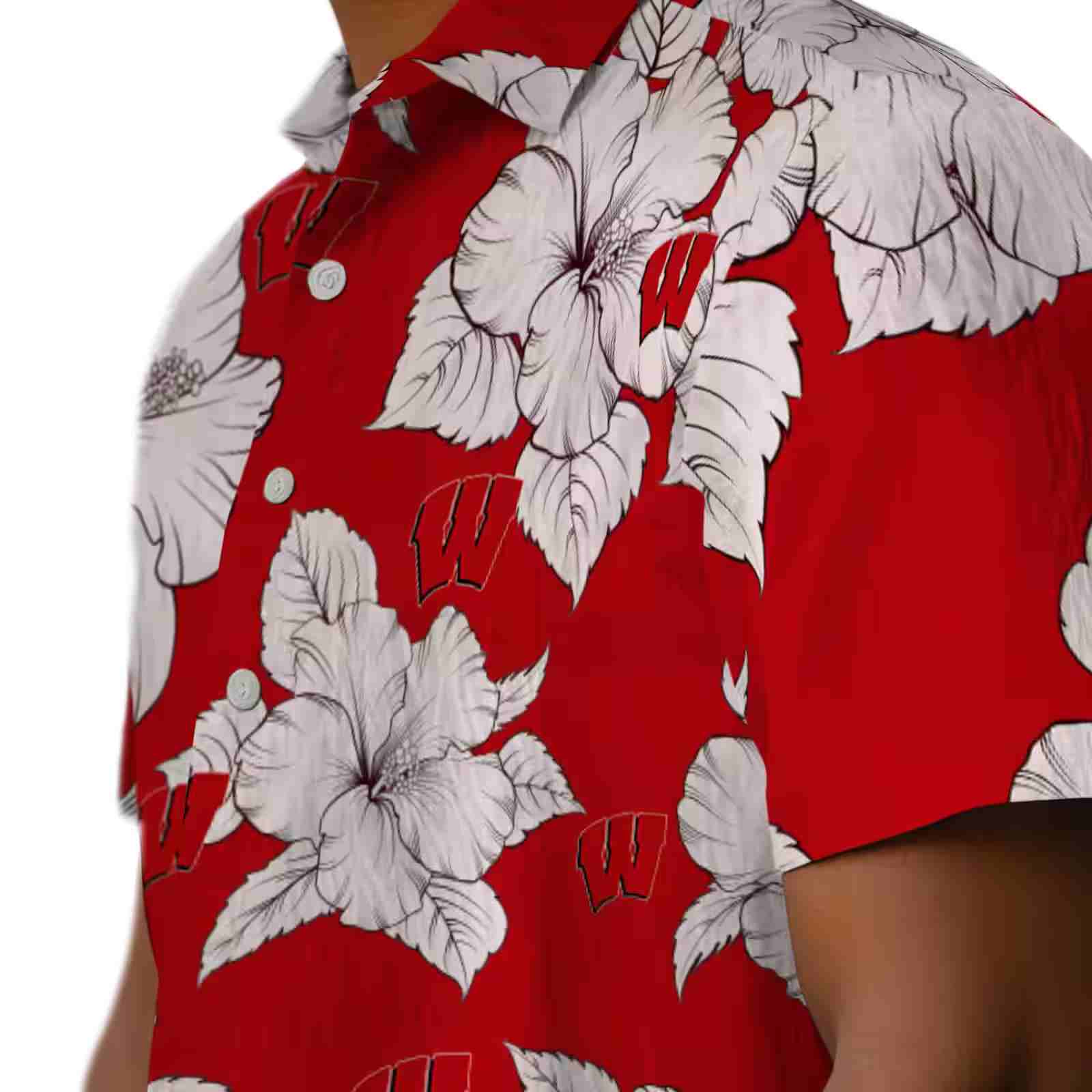 wisconsin badgers hibiscus blooms red white hawaiian shirt trendy