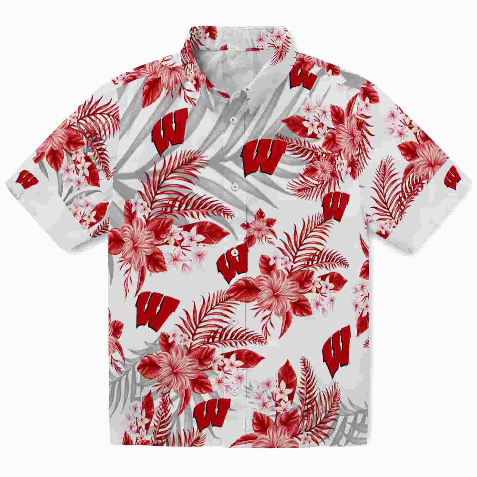 Wisconsin Badgers Hibiscus Palm Leaves Red White Hawaiian Shirt