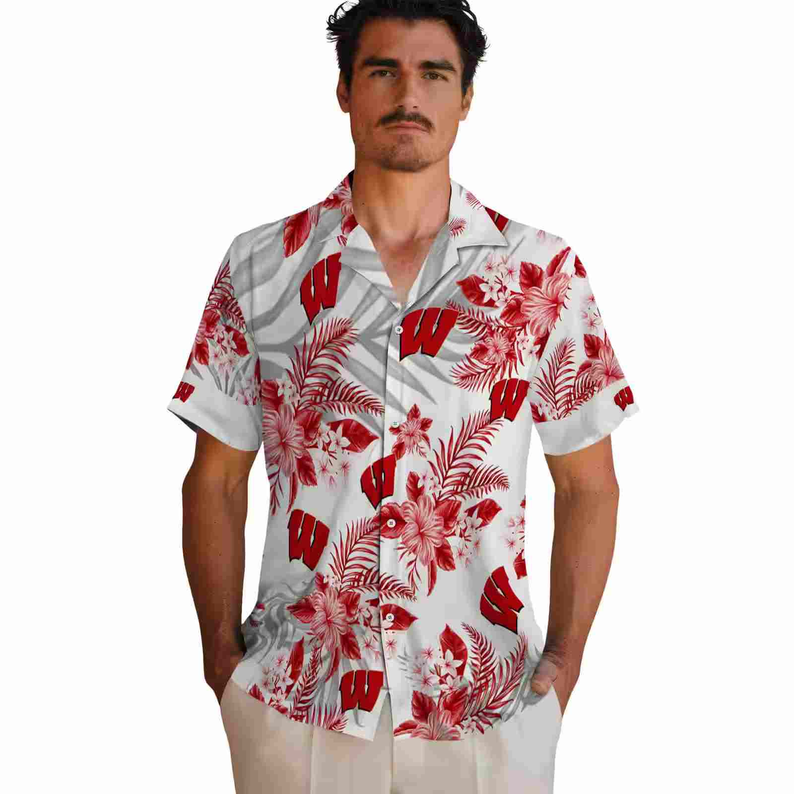 wisconsin badgers hibiscus palm leaves red white hawaiian shirt fashion forward