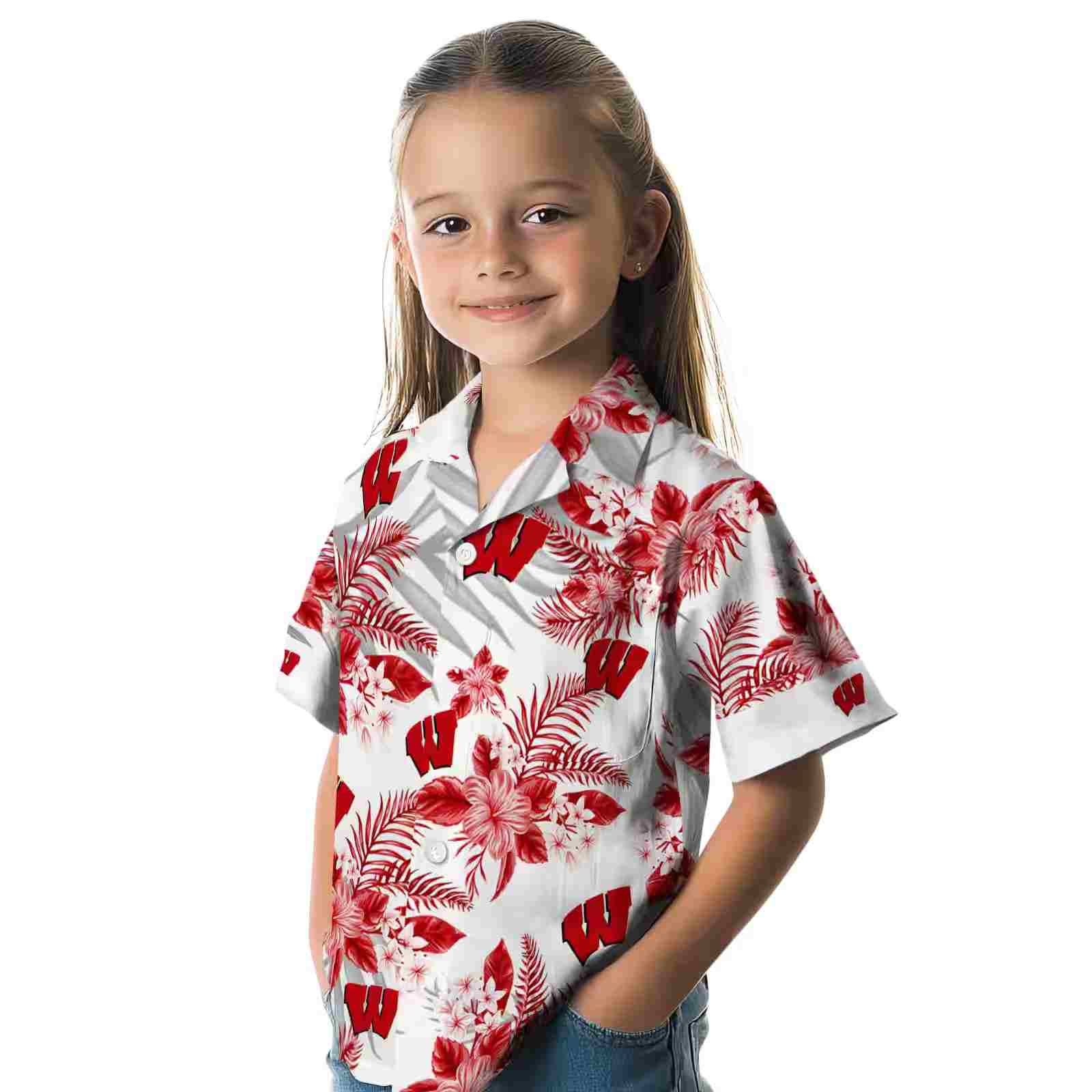 wisconsin badgers hibiscus palm leaves red white hawaiian shirt premium grade