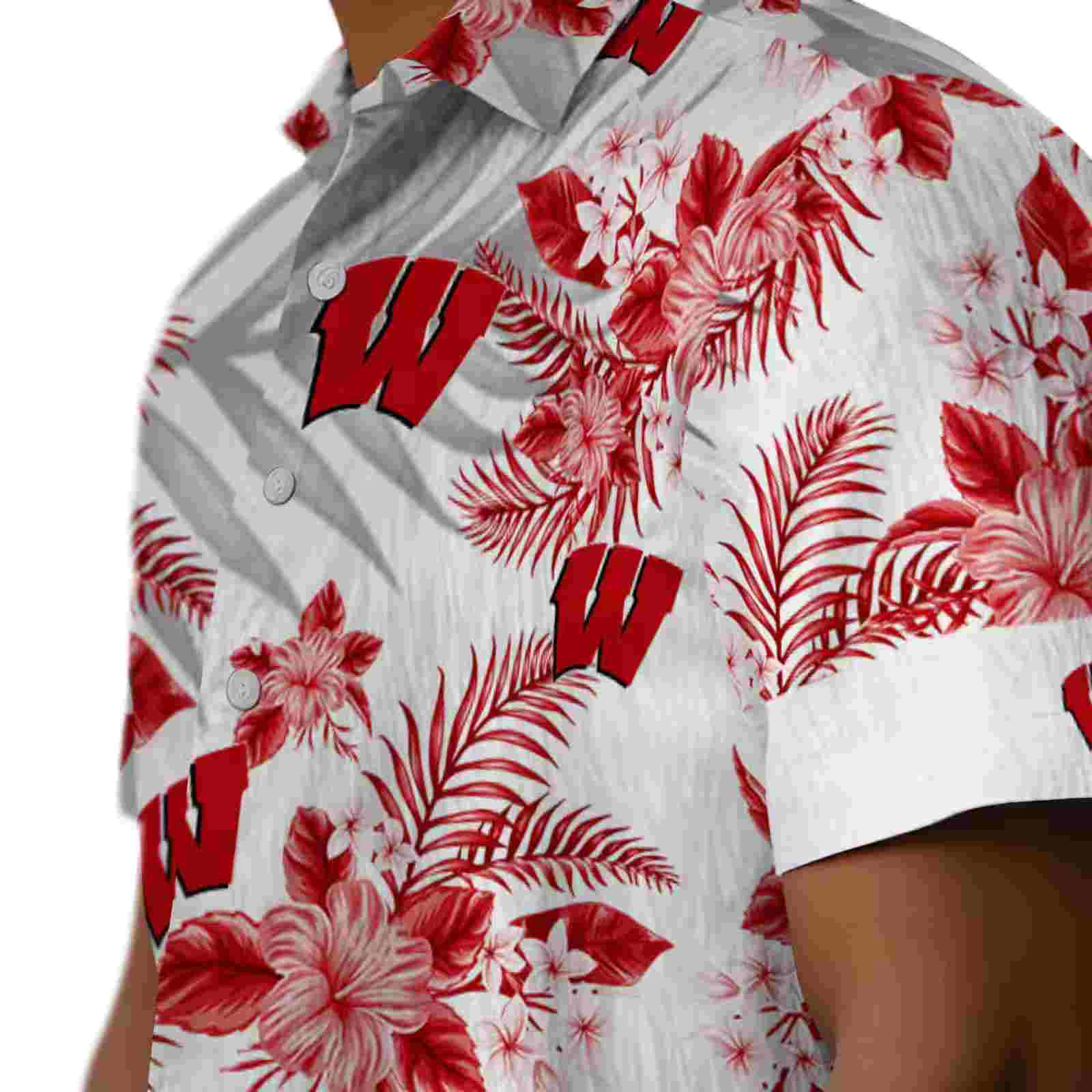 wisconsin badgers hibiscus palm leaves red white hawaiian shirt trendy