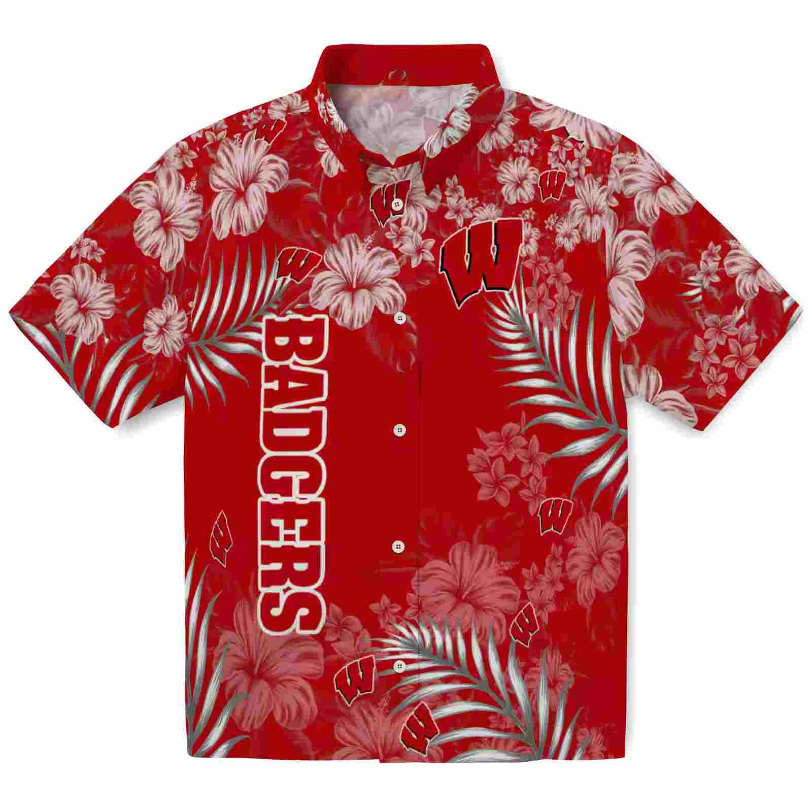 Wisconsin Badgers Hibiscus Print Red Hawaiian Shirt