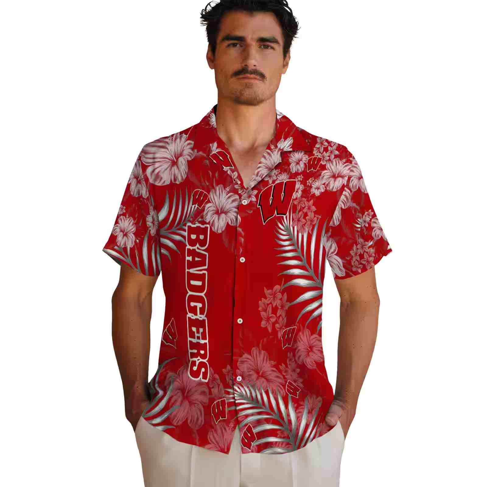 wisconsin badgers hibiscus print red hawaiian shirt fashion forward