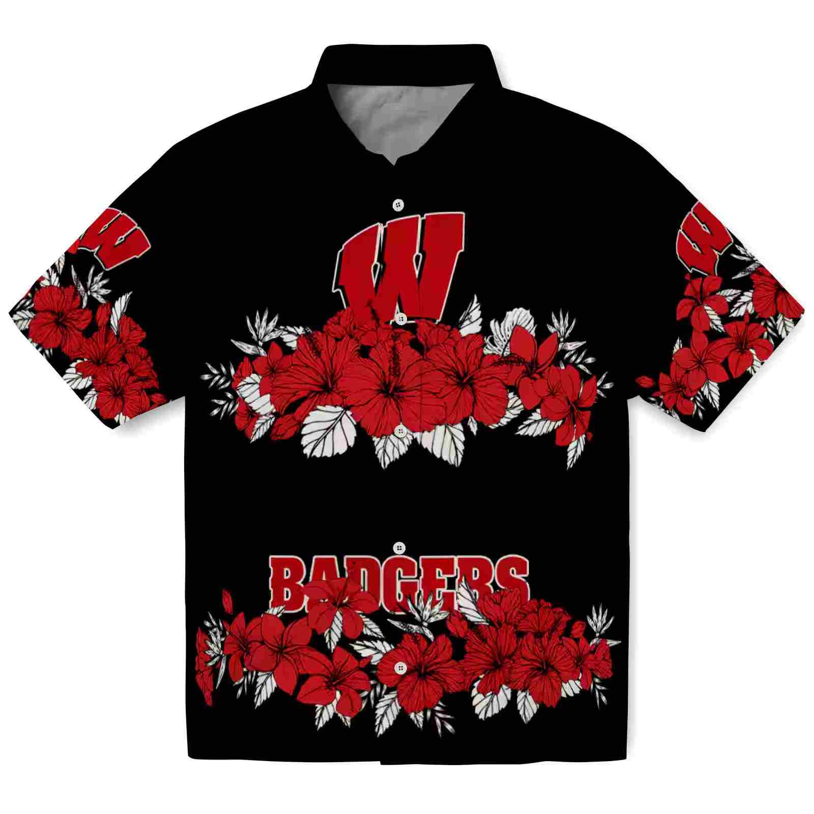 Wisconsin Badgers Hibiscus Stripe Red Black Hawaiian Shirt