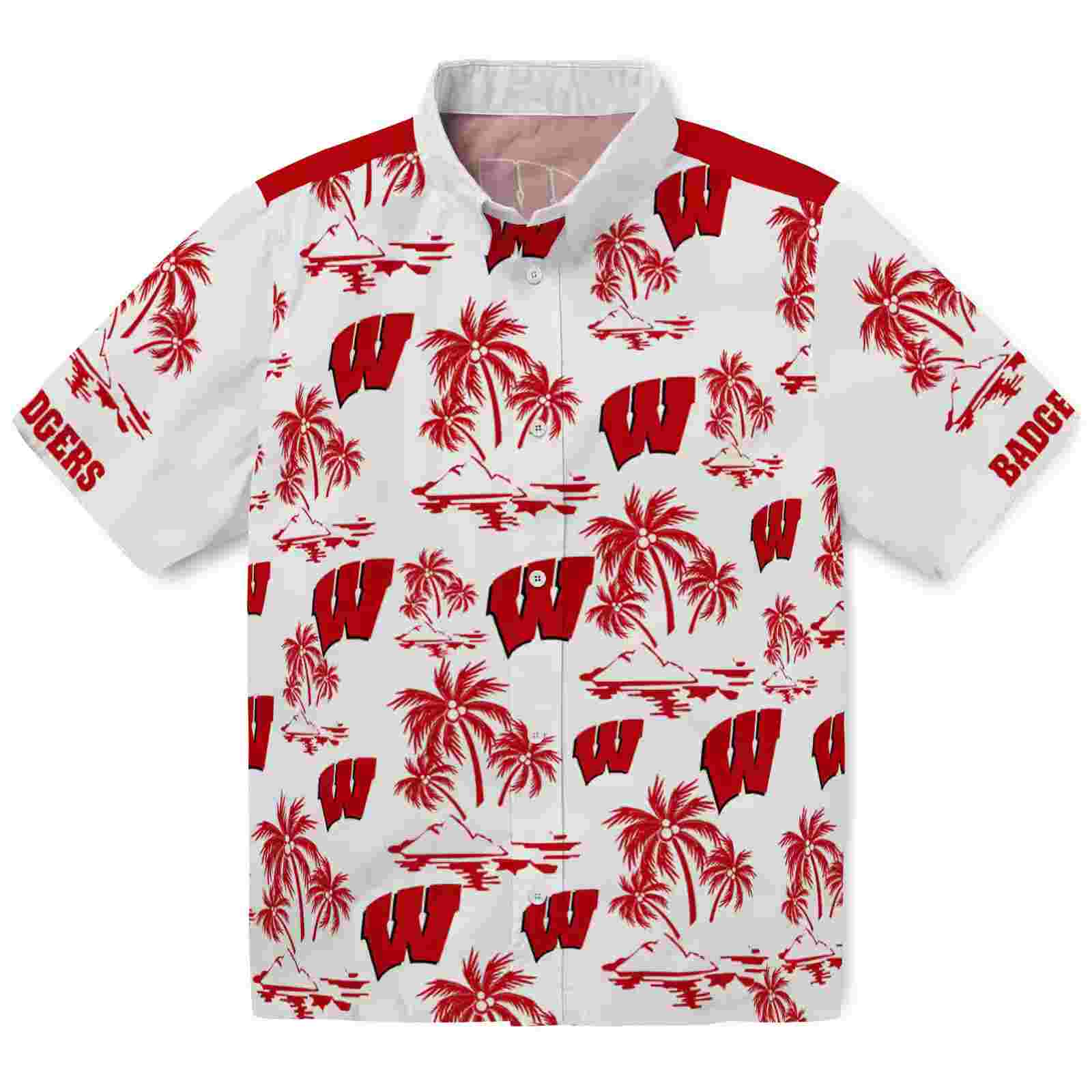 Wisconsin Badgers Palm Island Print Red White Hawaiian Shirt