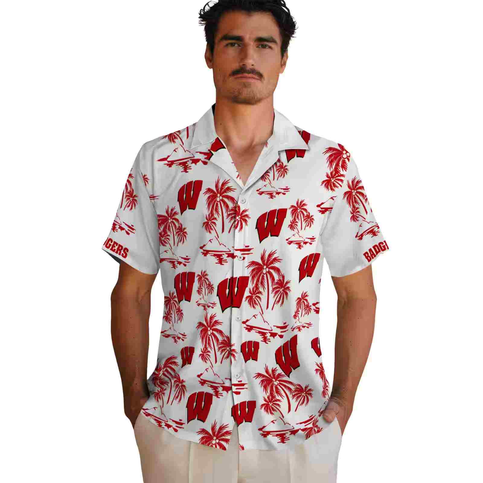 wisconsin badgers palm island print red white hawaiian shirt fashion forward