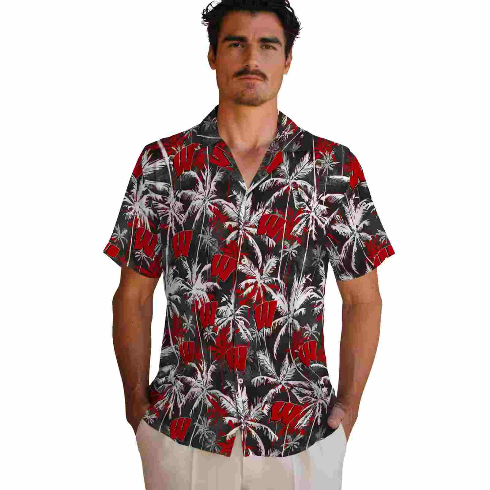 wisconsin badgers palm pattern red black hawaiian shirt fashion forward