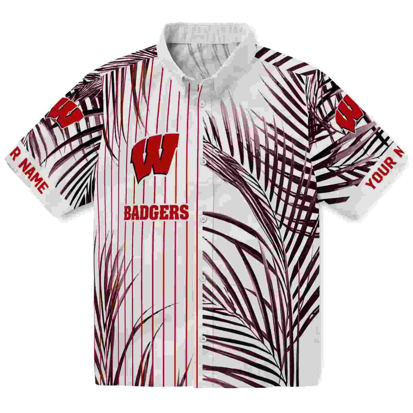 Wisconsin Badgers Palm Stripes Red Black White Hawaiian Shirt