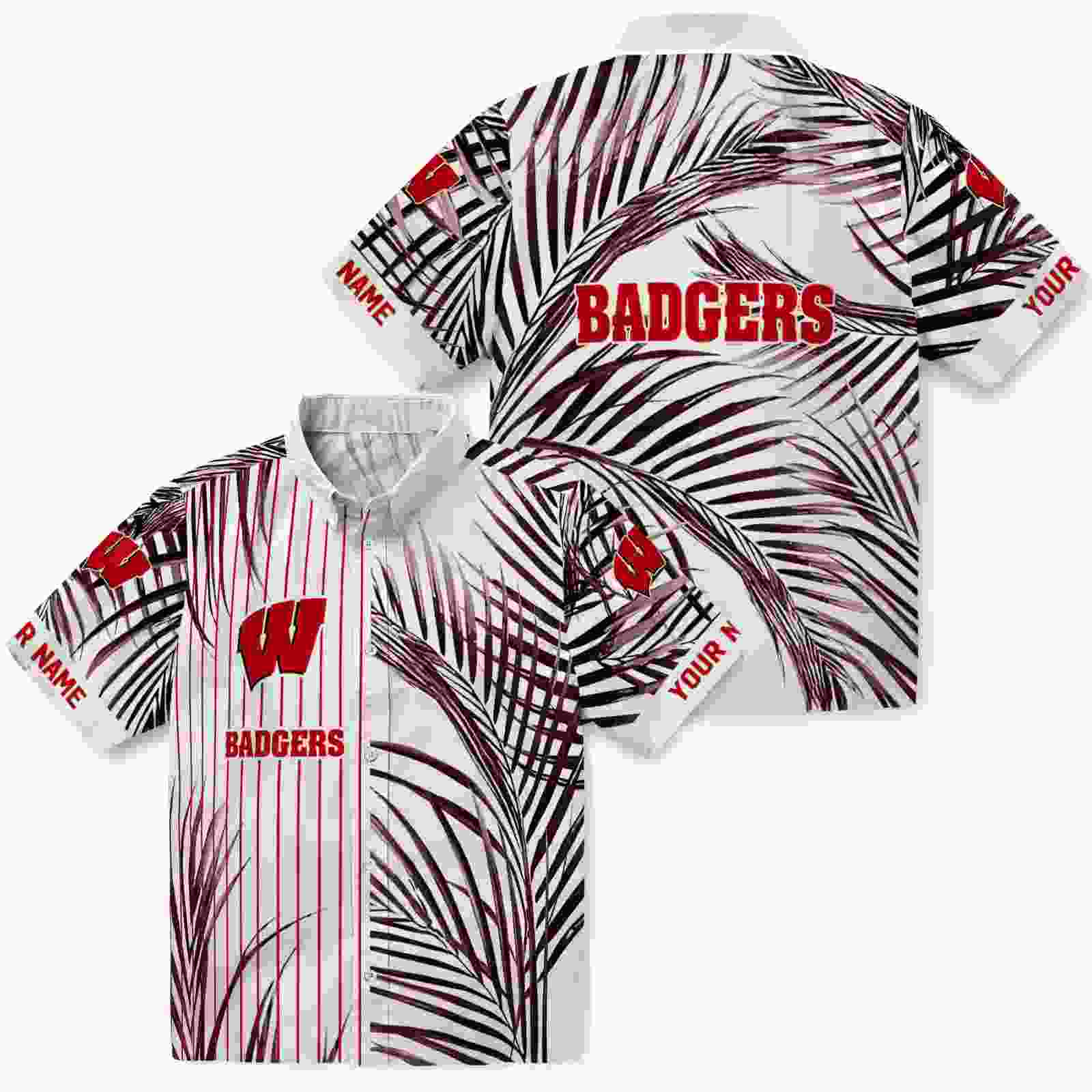 wisconsin badgers palm stripes red black white hawaiian shirt high quality