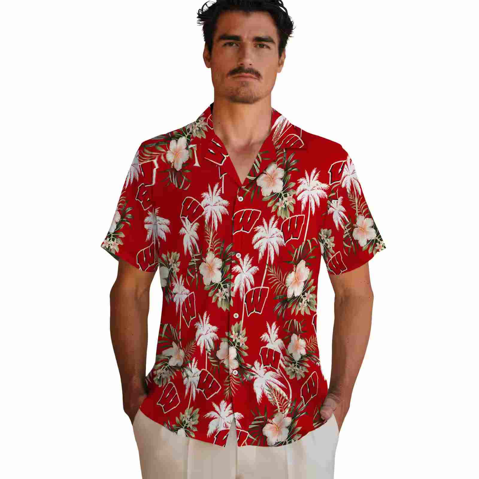 wisconsin badgers palm tree flower red hawaiian shirt fashion forward