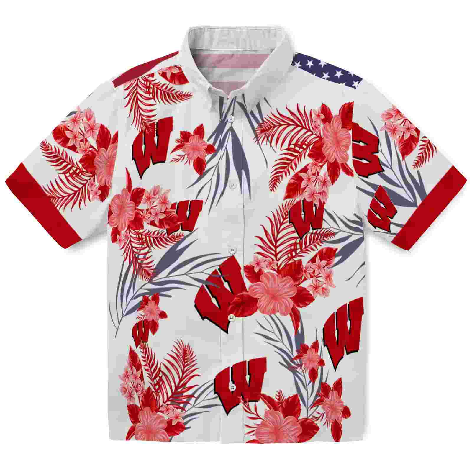 Wisconsin Badgers Patriotic Hibiscus Design Red White Hawaiian Shirt