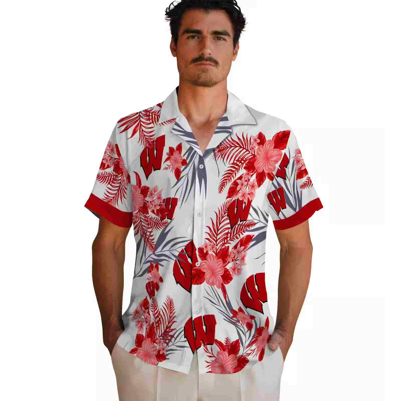 wisconsin badgers patriotic hibiscus design red white hawaiian shirt fashion forward