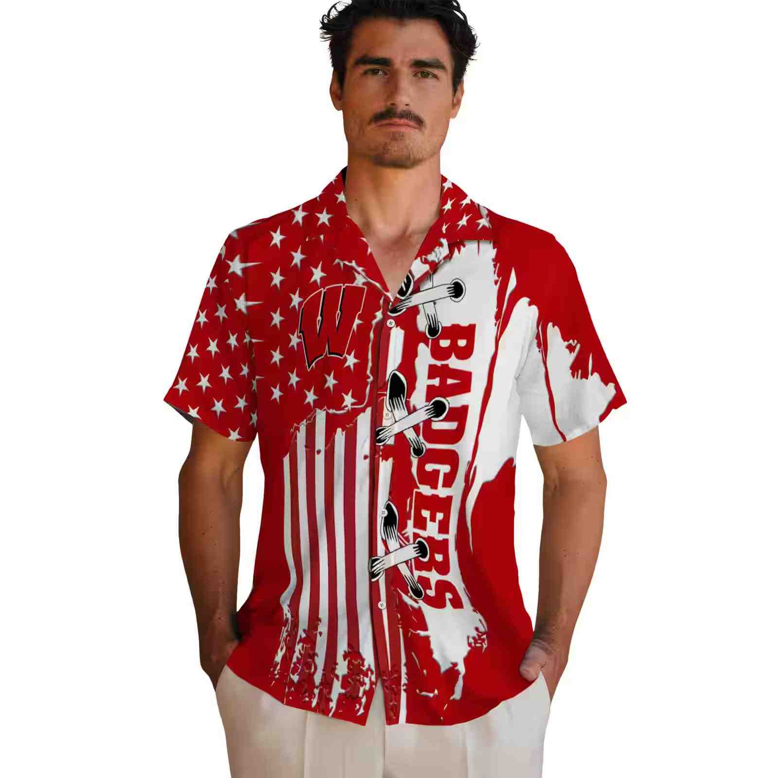 wisconsin badgers stitched flag red hawaiian shirt fashion forward