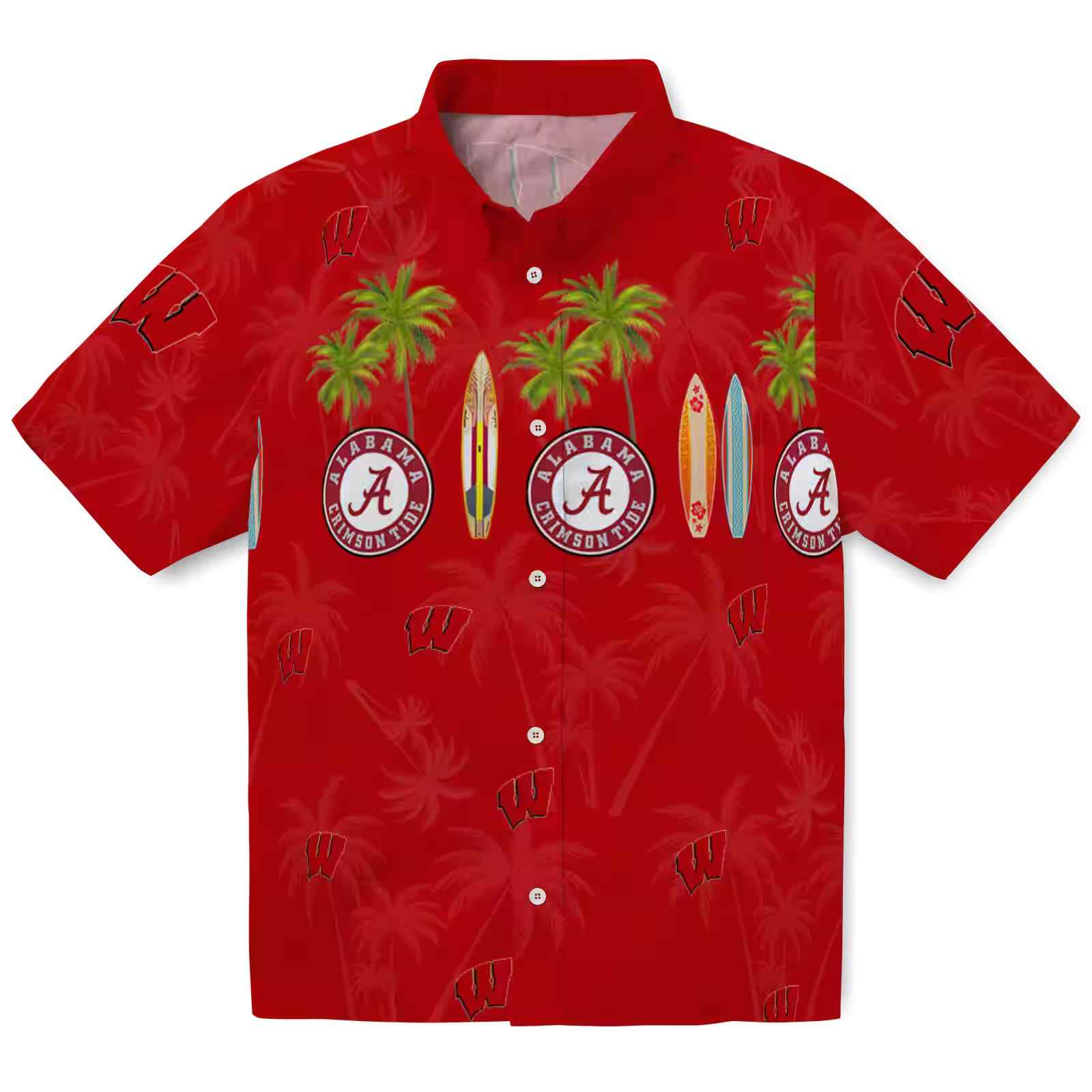 Wisconsin Badgers Surfboard Palm Red Hawaiian Shirt