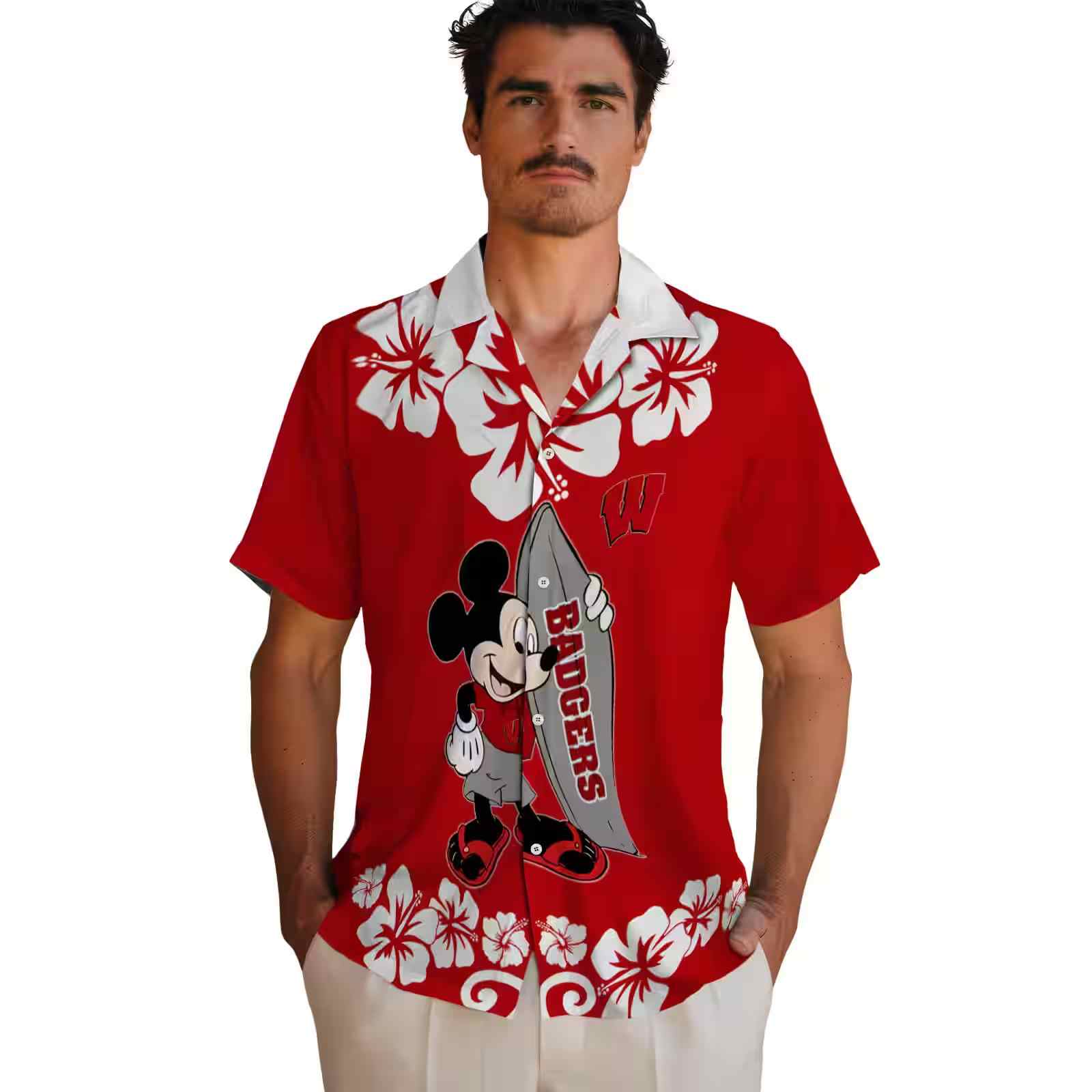 wisconsin badgers surfing mickey red hawaiian shirt fashion forward