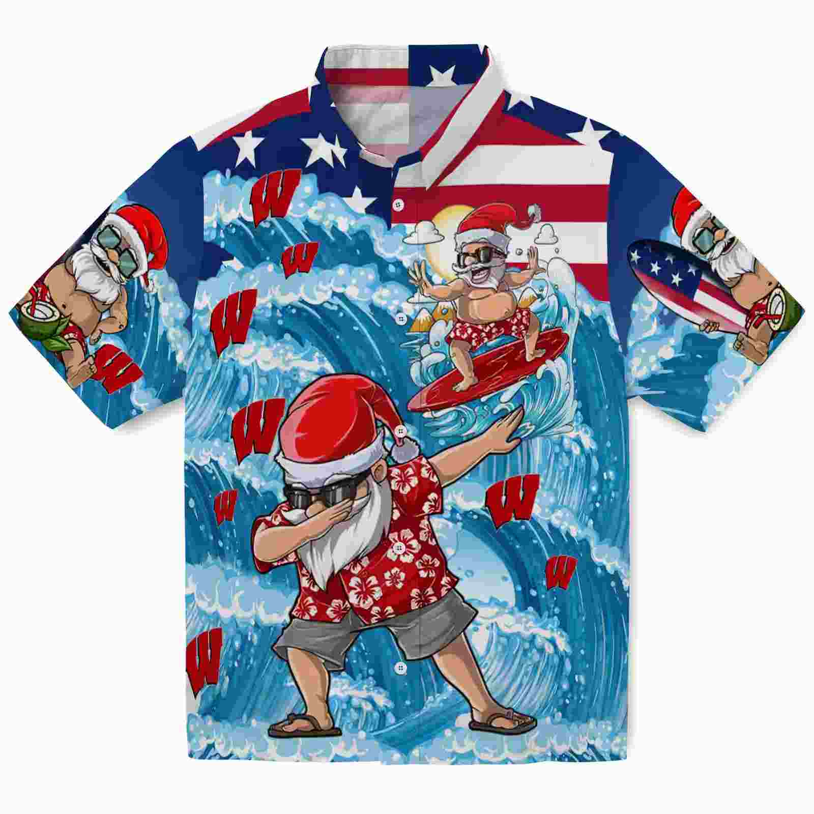 Wisconsin Badgers Surfing Santa Blue Hawaiian Shirt