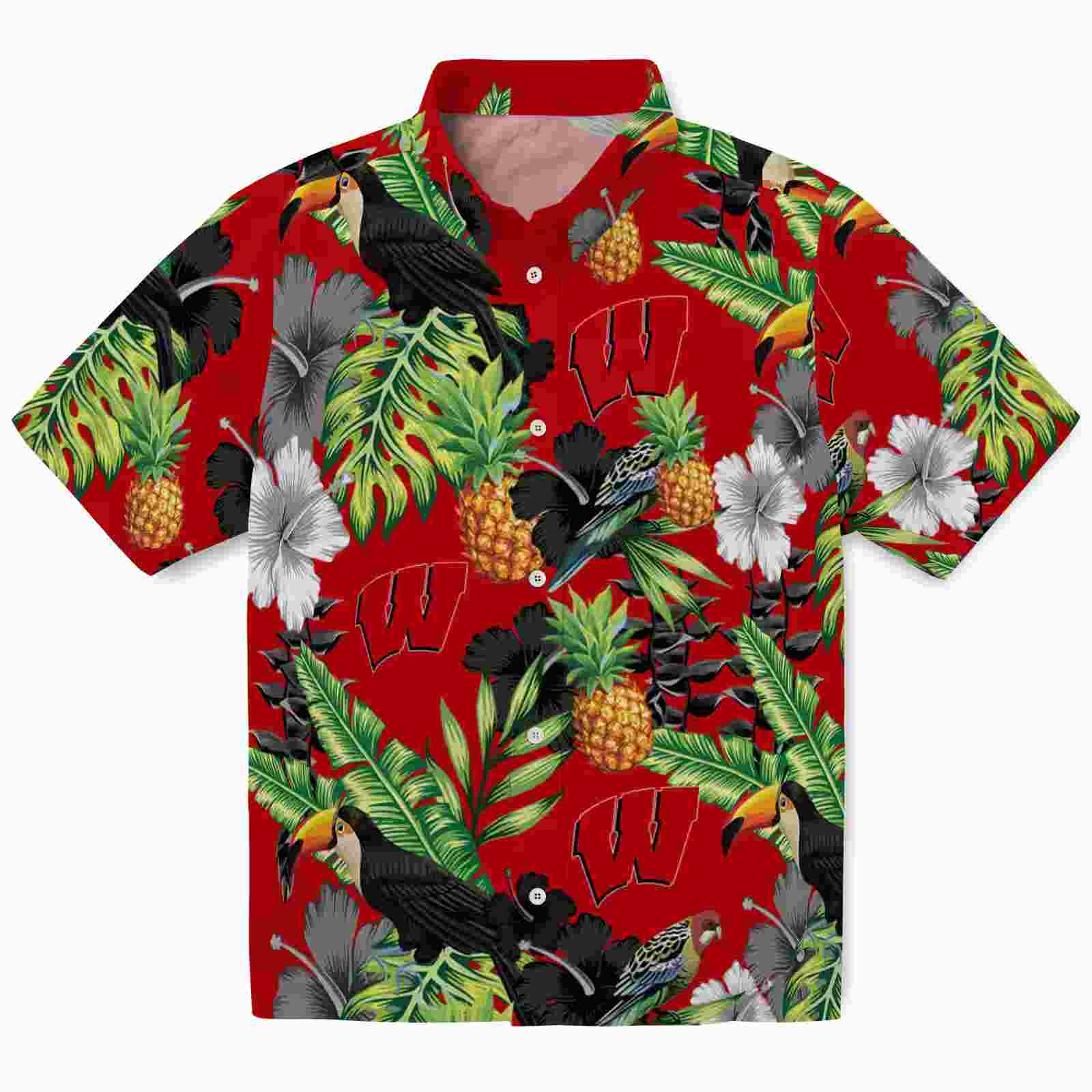 Wisconsin Badgers Toucan Hibiscus Pineapple Red Green Hawaiian Shirt