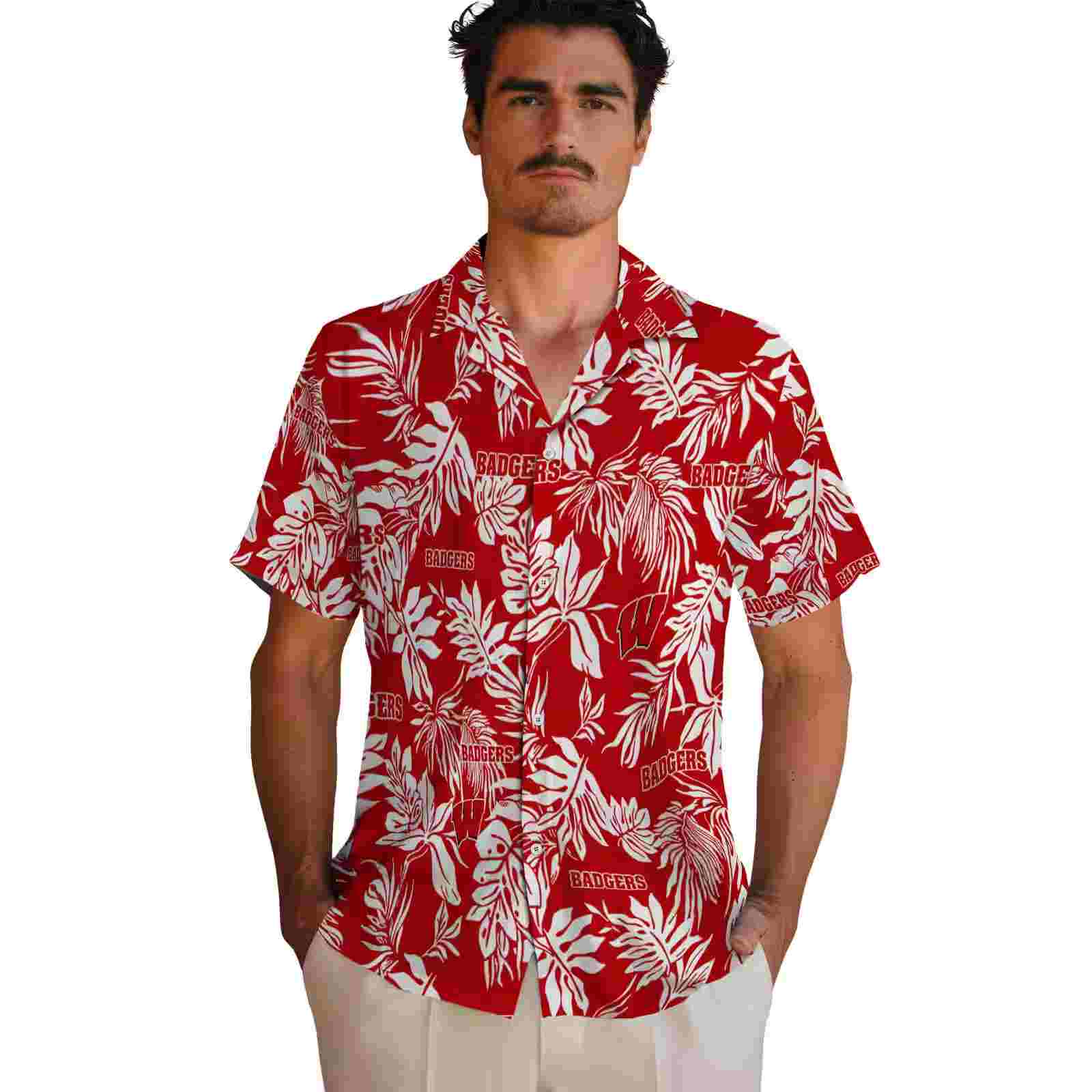 wisconsin badgers tropical leaf red white hawaiian shirt fashion forward