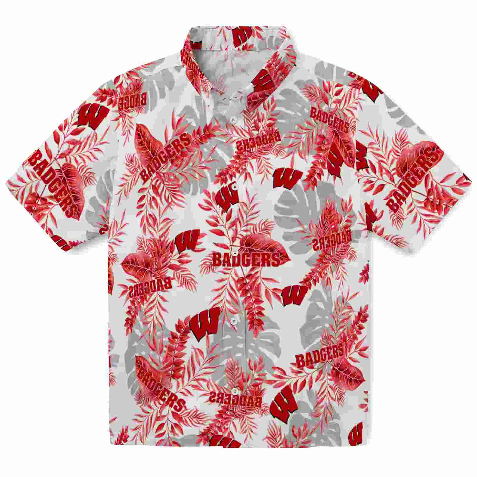 Wisconsin Badgers Tropical Leaves Red White Hawaiian Shirt