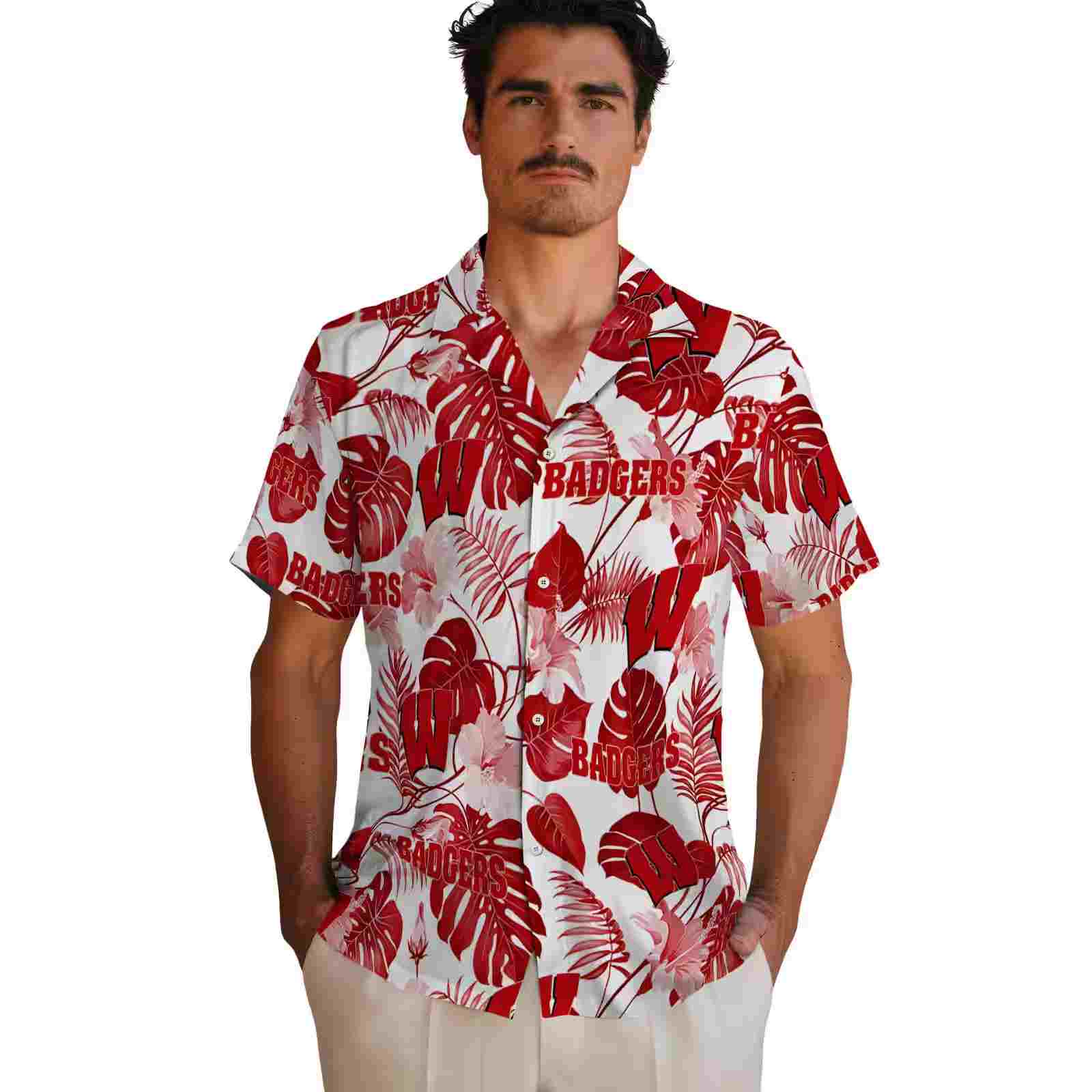 wisconsin badgers tropical plants red white hawaiian shirt fashion forward