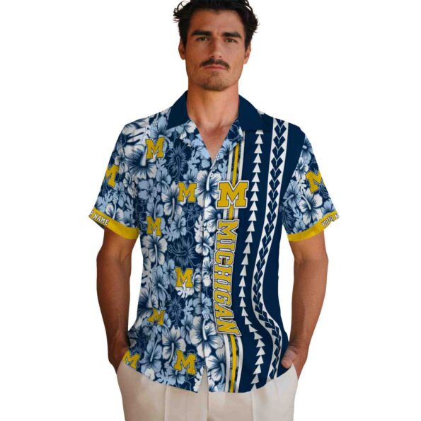 customized michigan wolverines hibiscus arrows blue white hawaiian shirt fashion forward