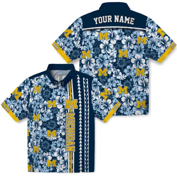 customized michigan wolverines hibiscus arrows blue white hawaiian shirt high quality