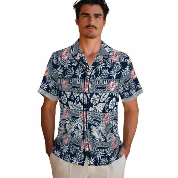 customized new york yankees tribal stripes navy white hawaiian shirt fashion forward
