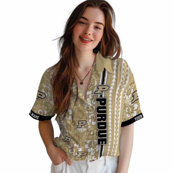 customized purdue boilermakers hibiscus arrows gold white hawaiian shirt latest model