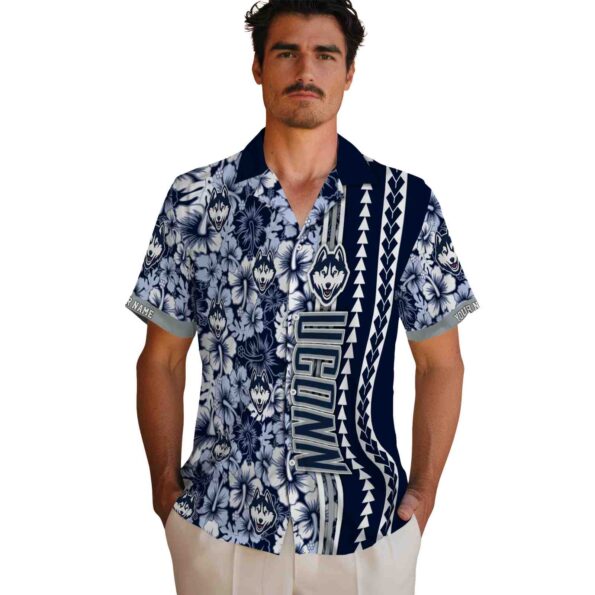customized uconn huskies hibiscus arrows blue white hawaiian shirt fashion forward